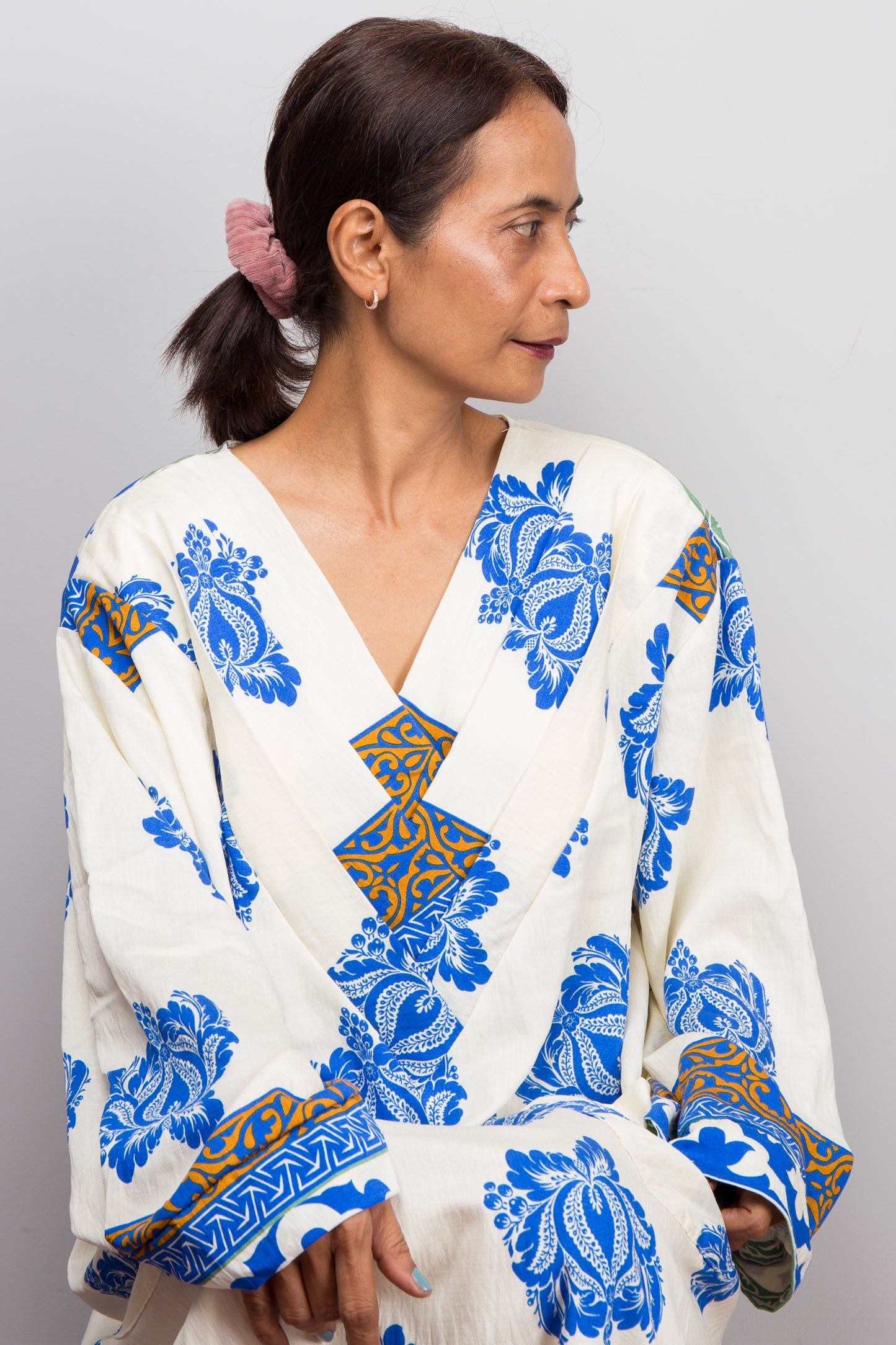 Bohemian Blue & Cream Caftan Dress – Bold Floral Kaftan