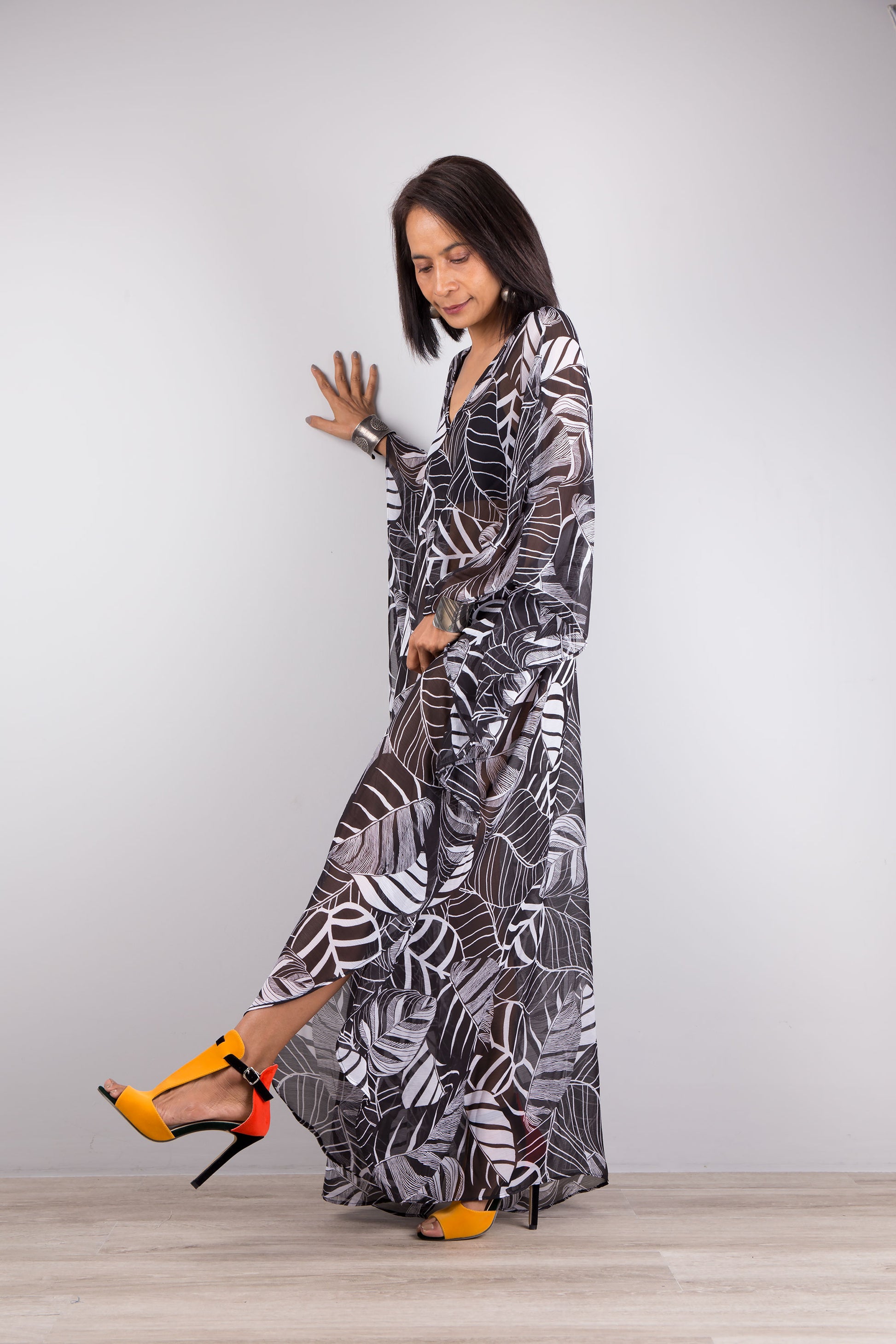 long chiffon kaftan dress Two-tone Pink and Light Sheer Chiffon Maxi Layered Kaftan Dress