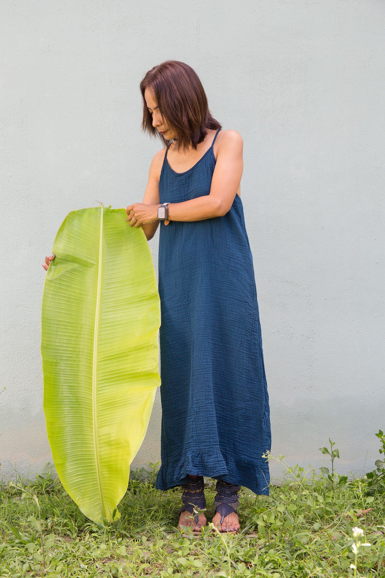 Teal Cotton Gauze Halter Dress for Summer