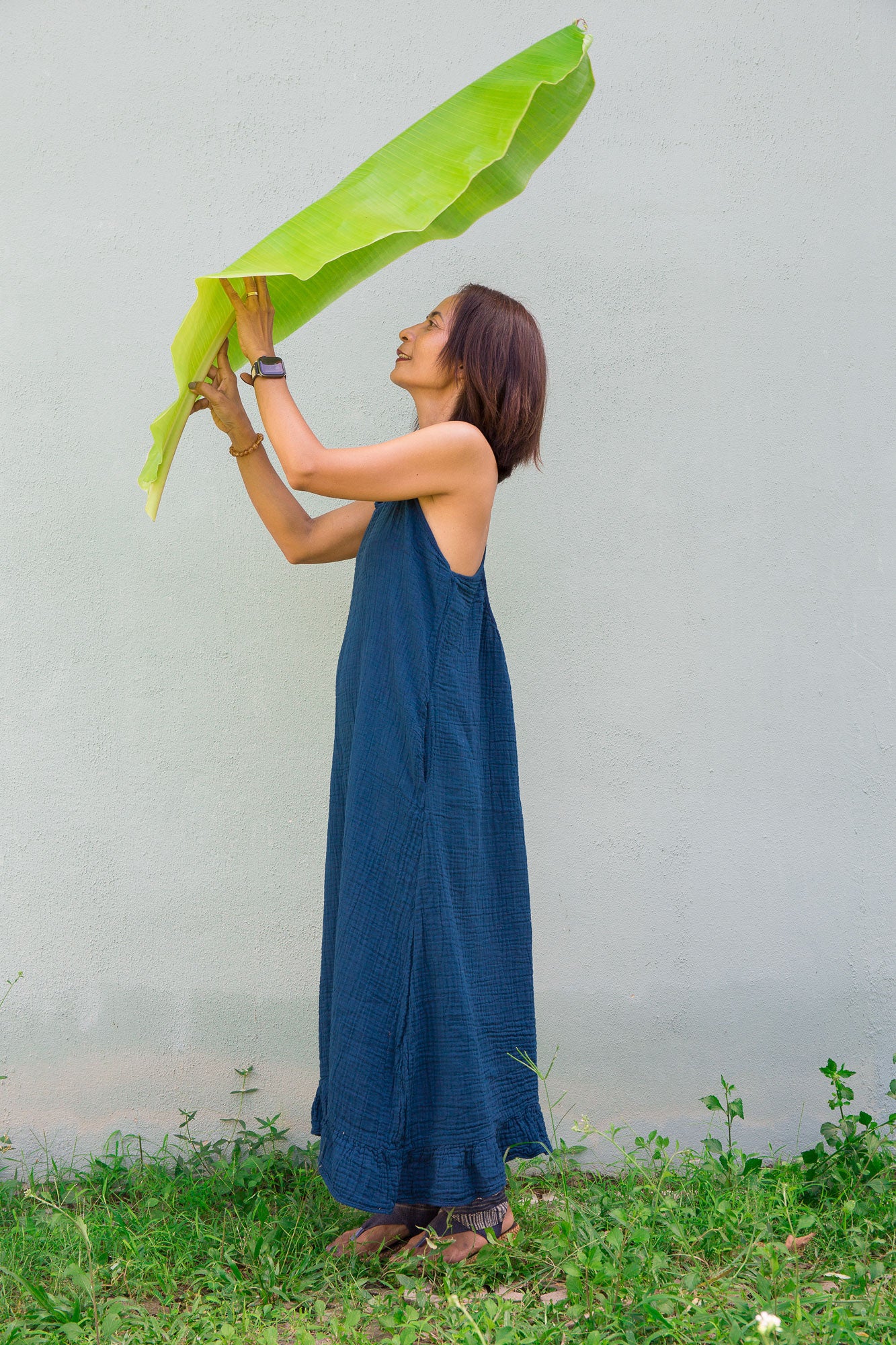 Teal Cotton Gauze Halter Dress for Summer