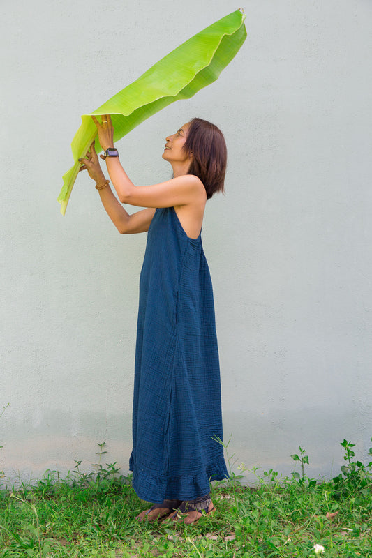 Teal Cotton Gauze Halter Dress for Summer