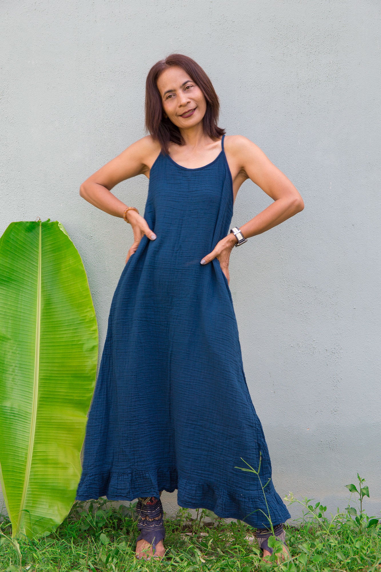 Teal Cotton Gauze Halter Dress