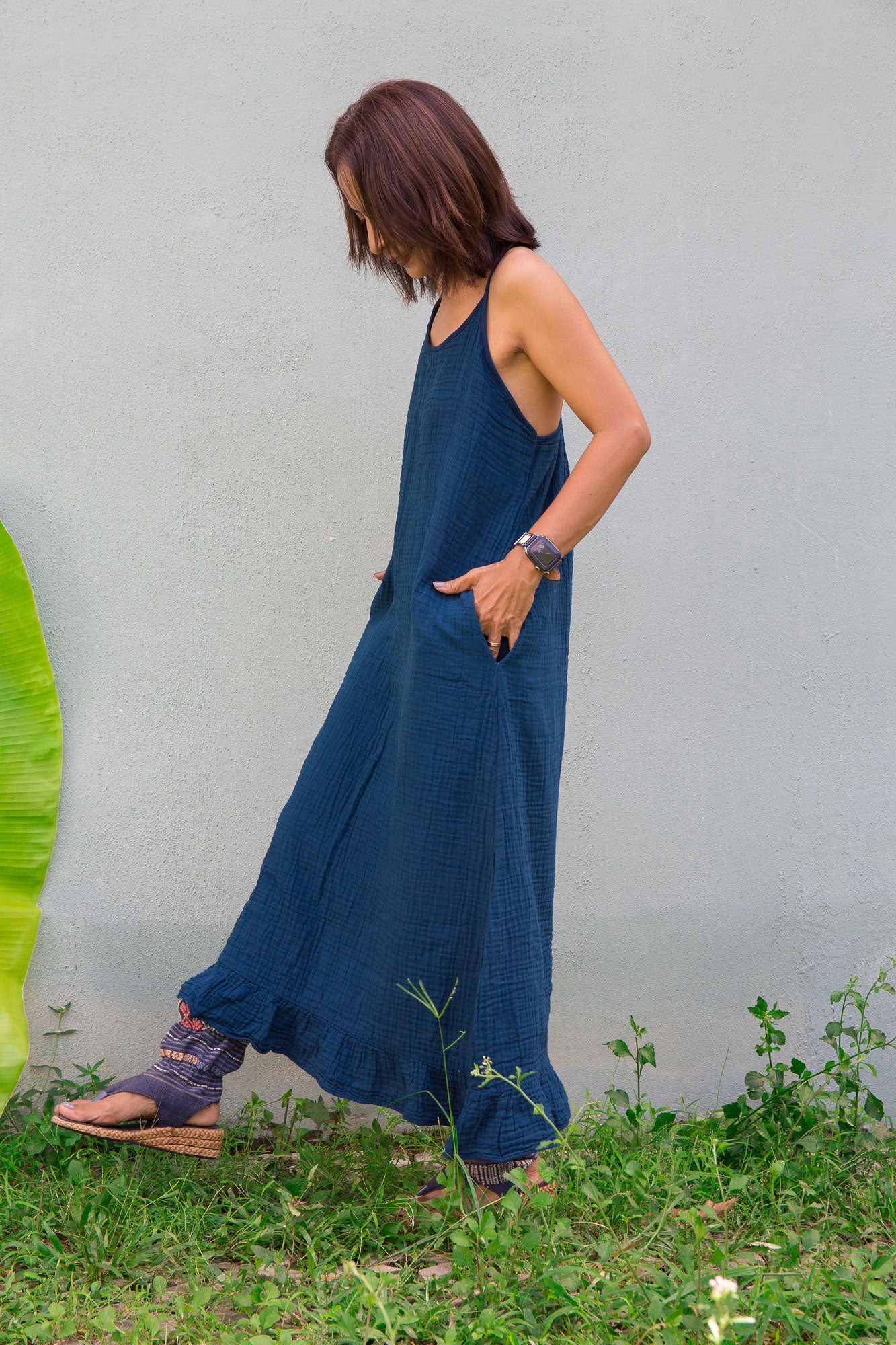 Teal Cotton Gauze Halter Dress for Summer
