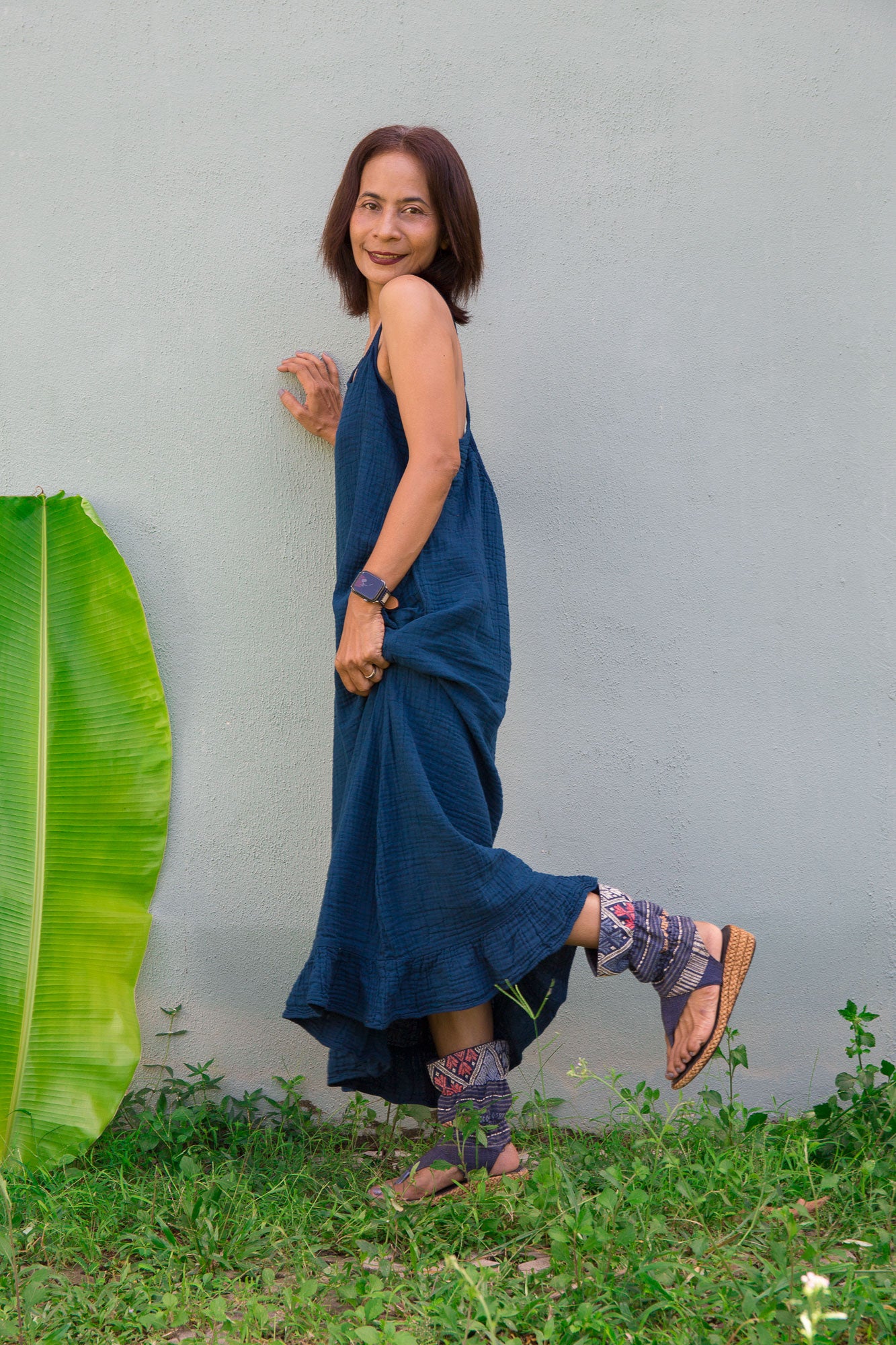 Teal Cotton Gauze Halter Dress for Summer