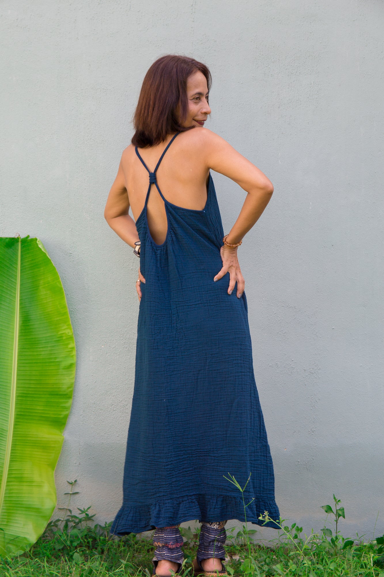 Teal Cotton Gauze Halter Dress for Summer