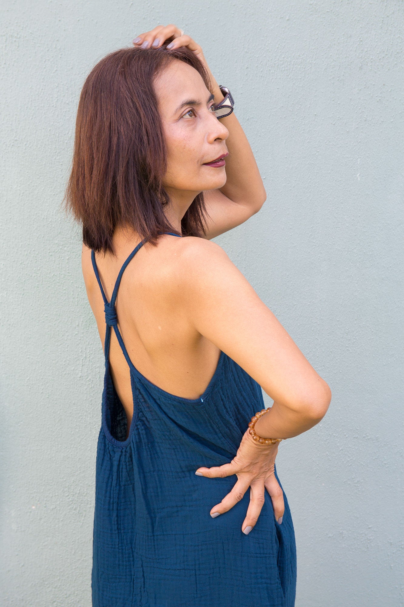 Teal Cotton Gauze Halter Dress for Summer