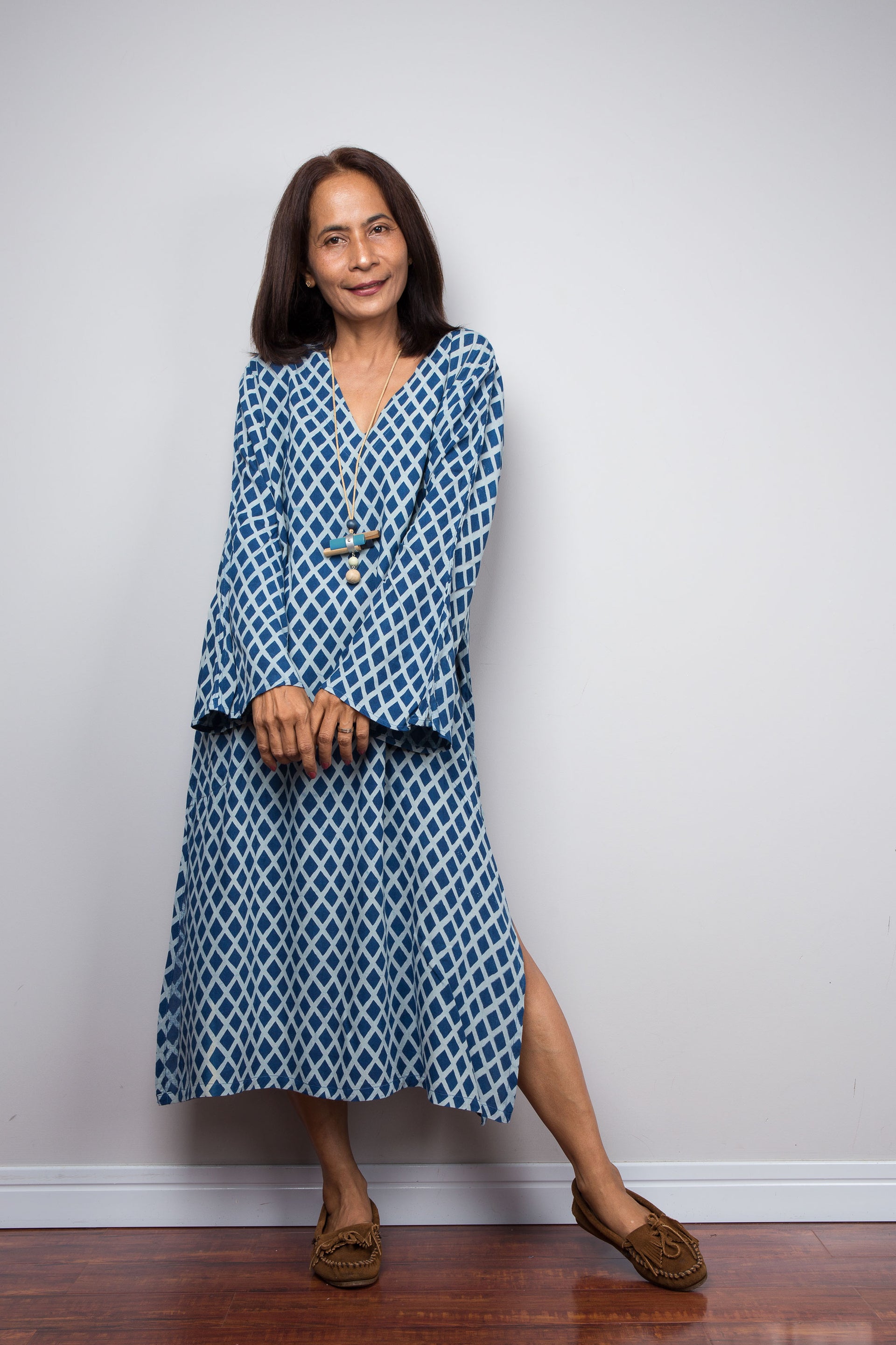 Indigo Block Print Cotton Kaftan Dress