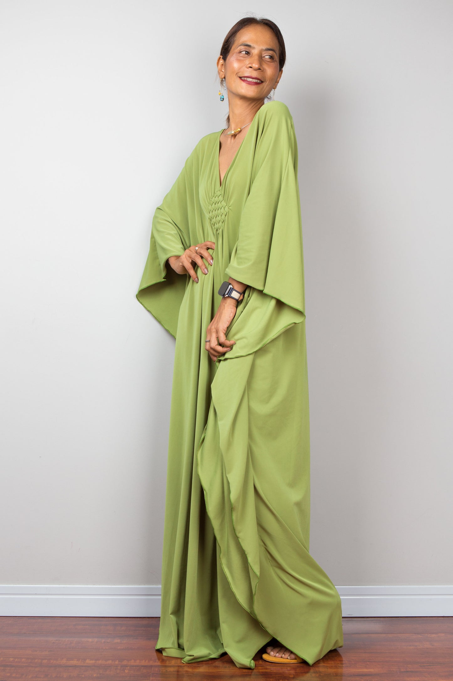 Fern green kaftan dress with plunging neckline - side view