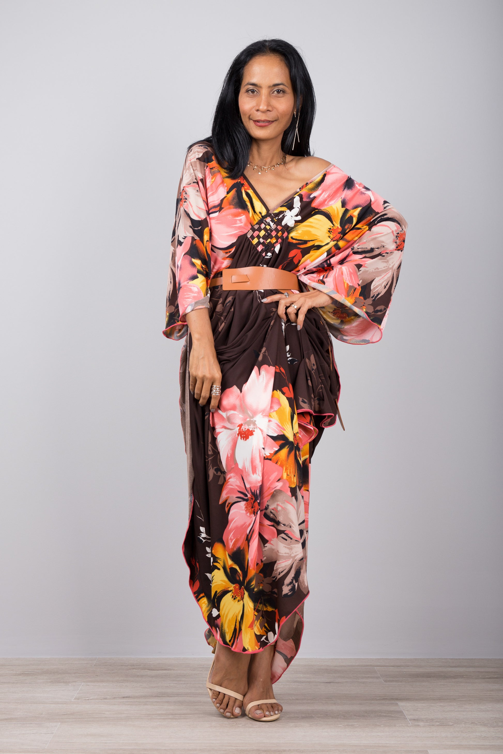 Large boho caftan with batwing sleeves - floral caftan by Nuichan