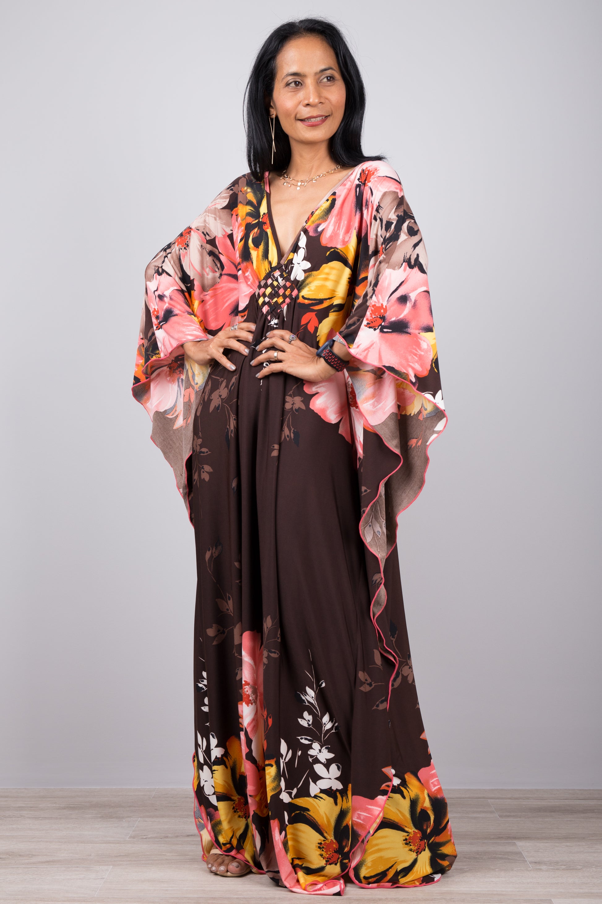 Floral caftan dress - pink orange and brown tone dress