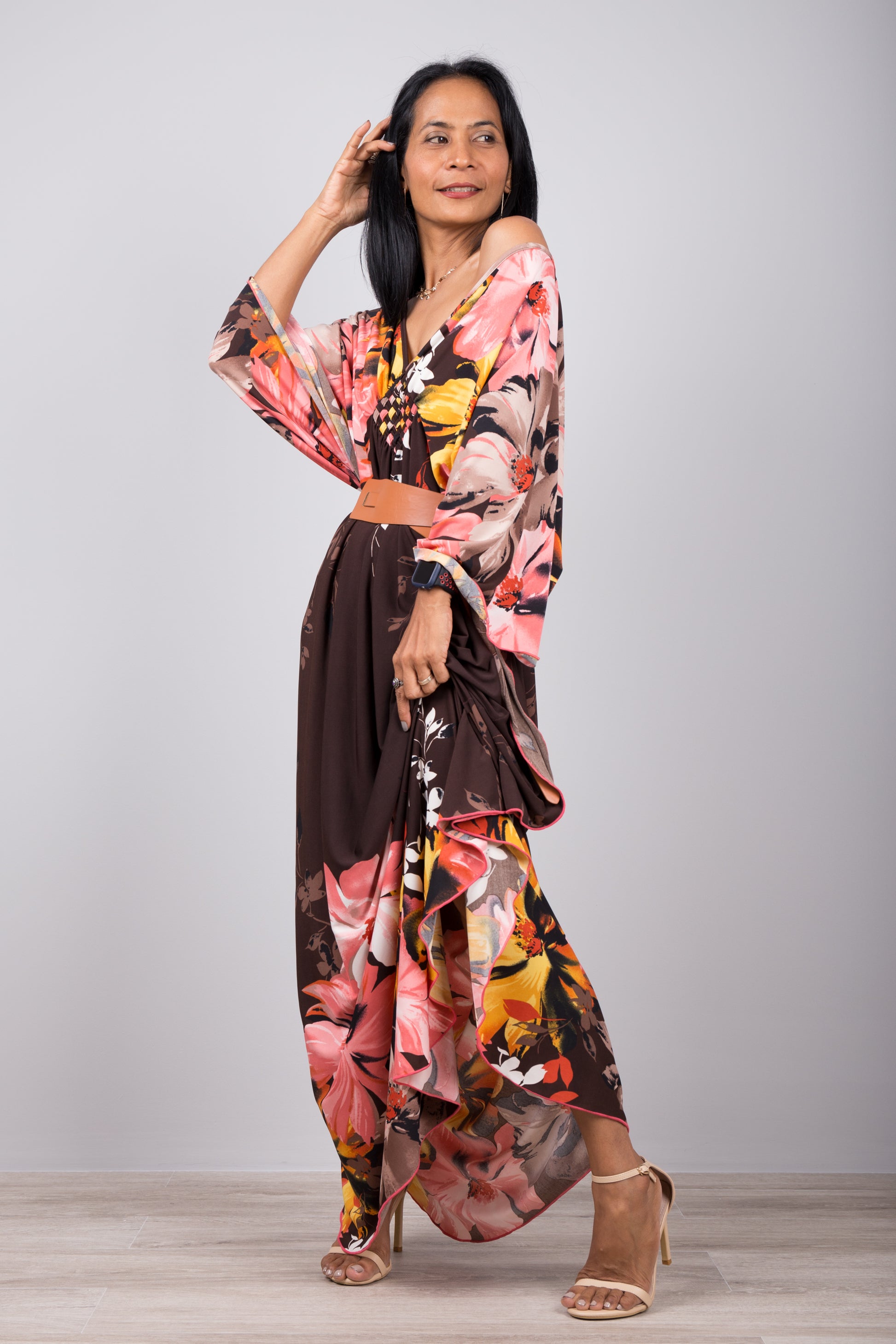 Floral caftan with plunging v neck