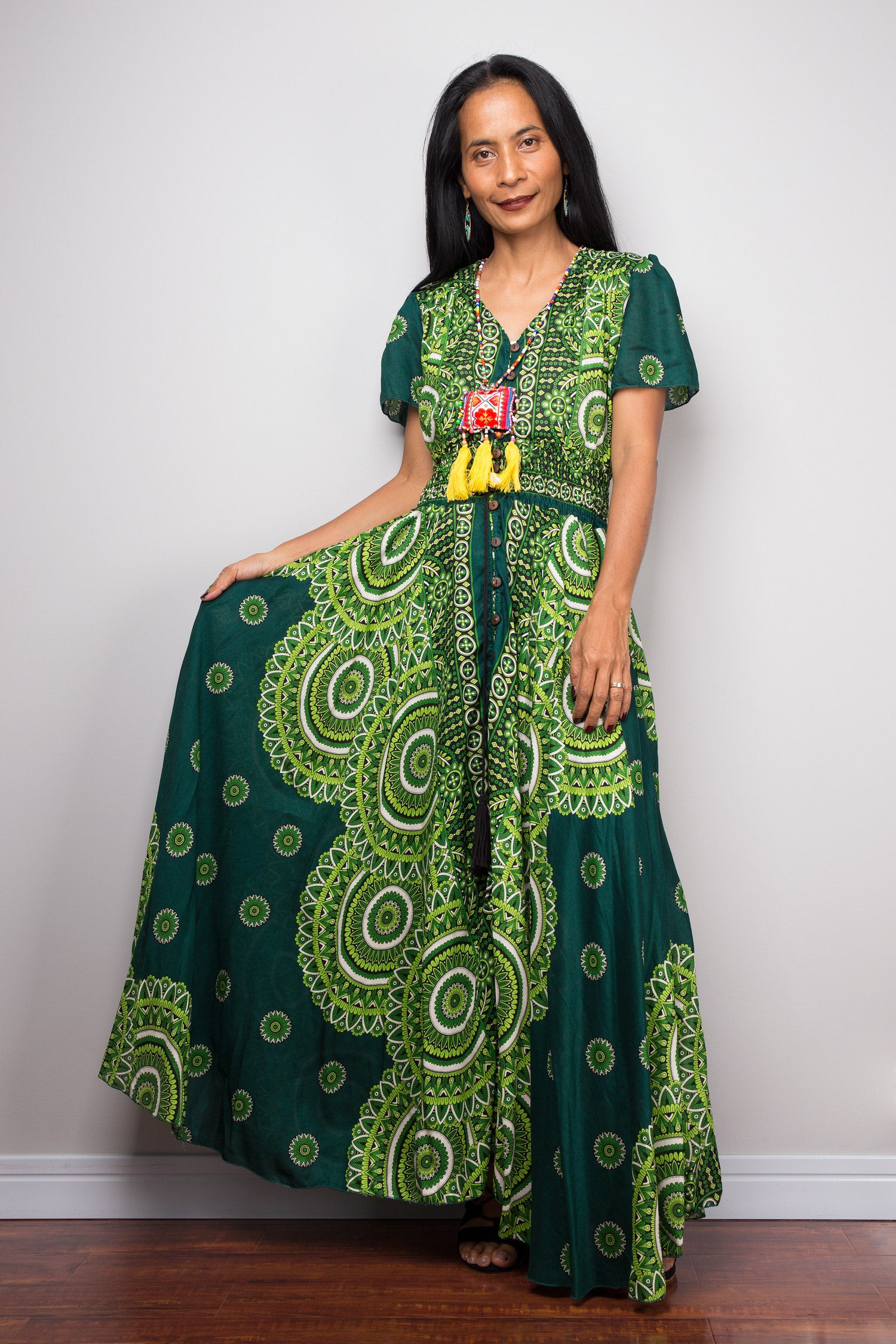 Nuichan green Rayon Duster Dress, coconut buttons, women’s boho 2025.