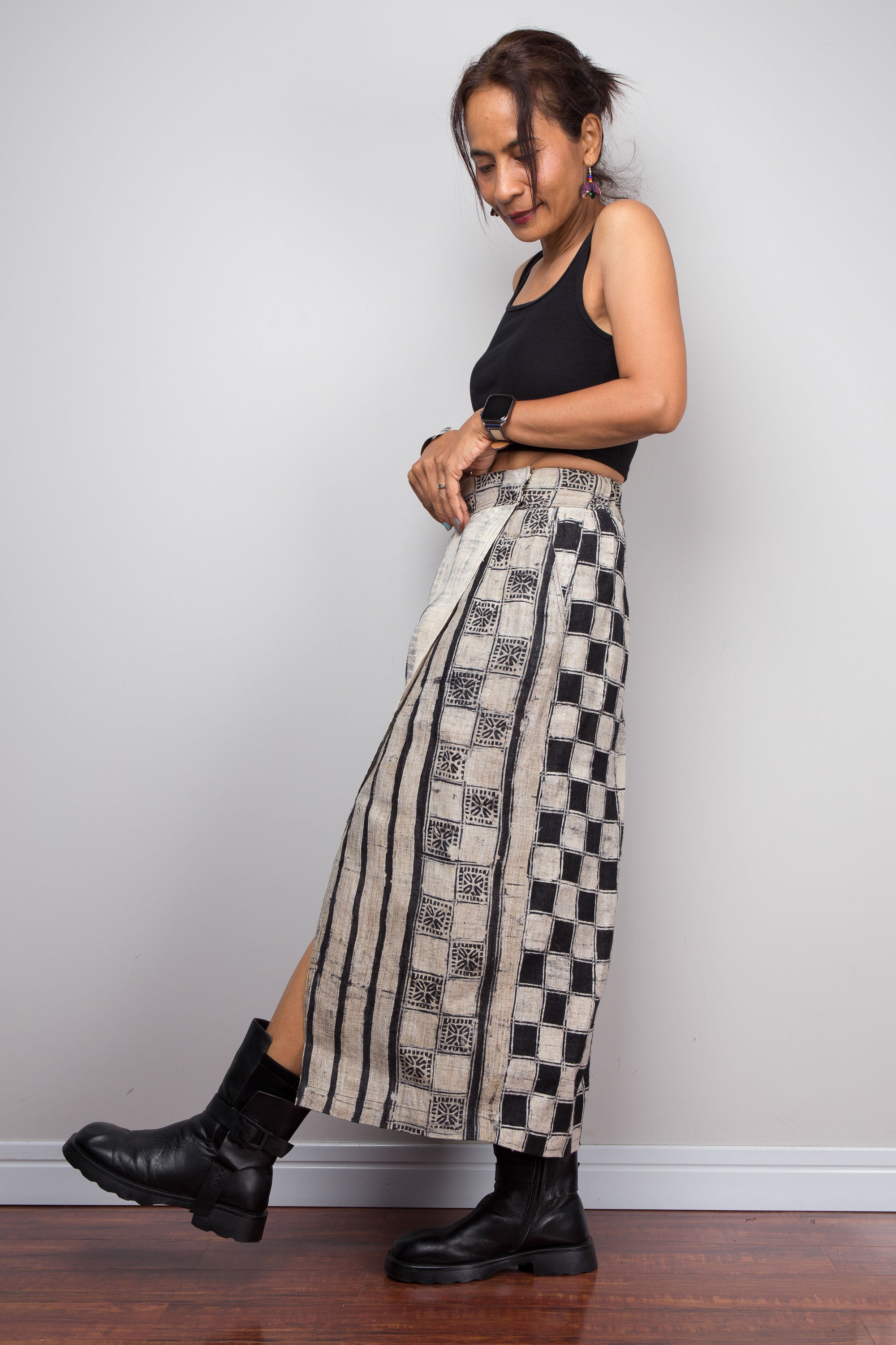 Handwoven Hemp Wrap Skirt | Shibori & Batik Maxi Skirt | Nuichan