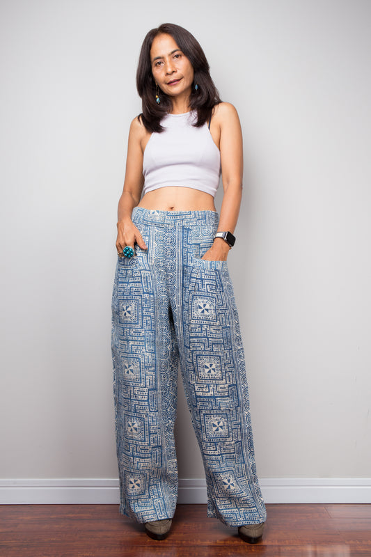 Nuichan Indigo Hemp Pants, handwoven straight-leg, women’s boho style 2025.
