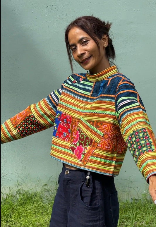 Hmong Pullover Crop Top by Nuichan.  Yellow loose fit crop top with long sleeves