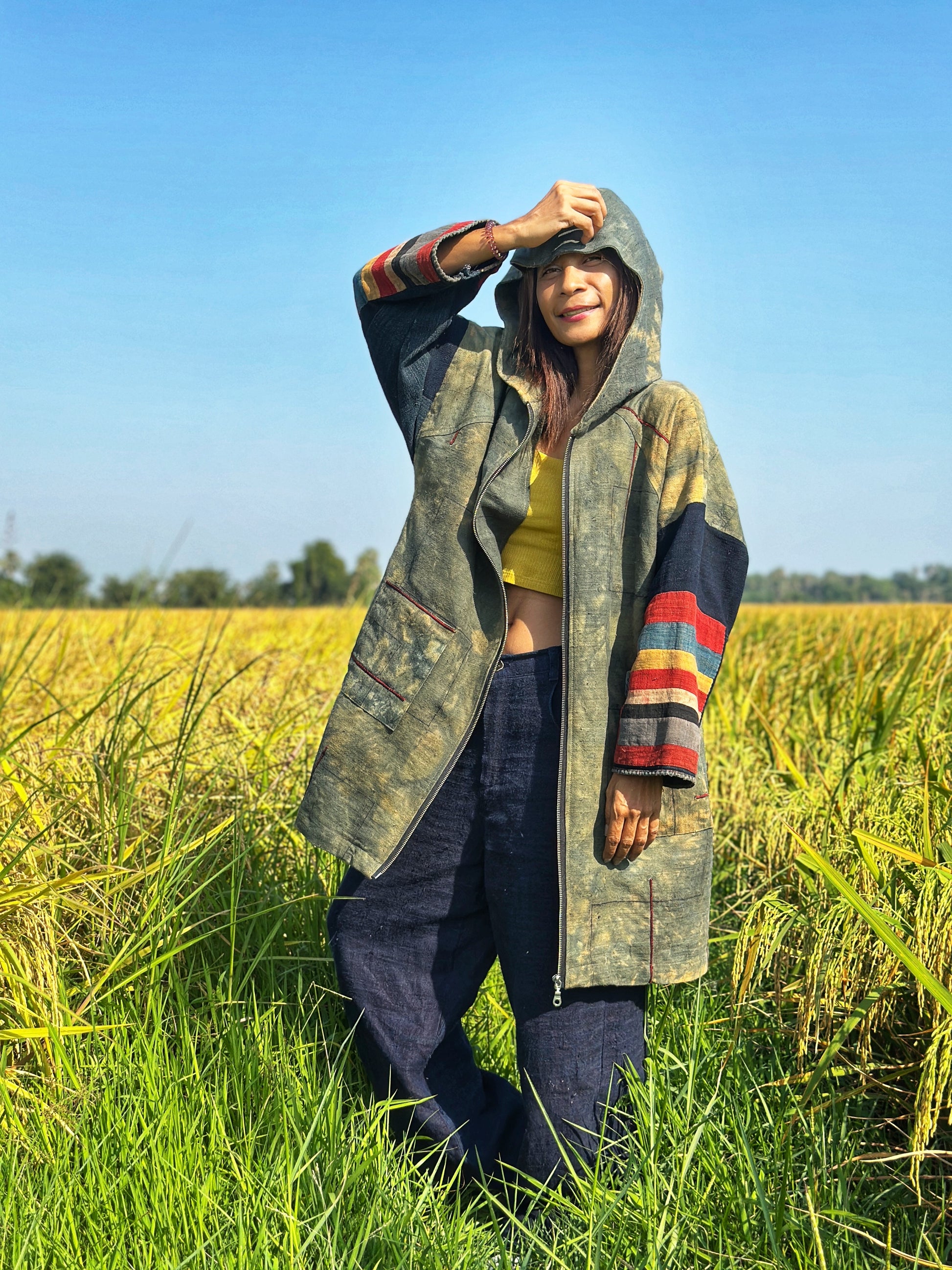 Hooded coat jacket with zipper and pockets.  Hill tribe fabric clothing by Nuichan
