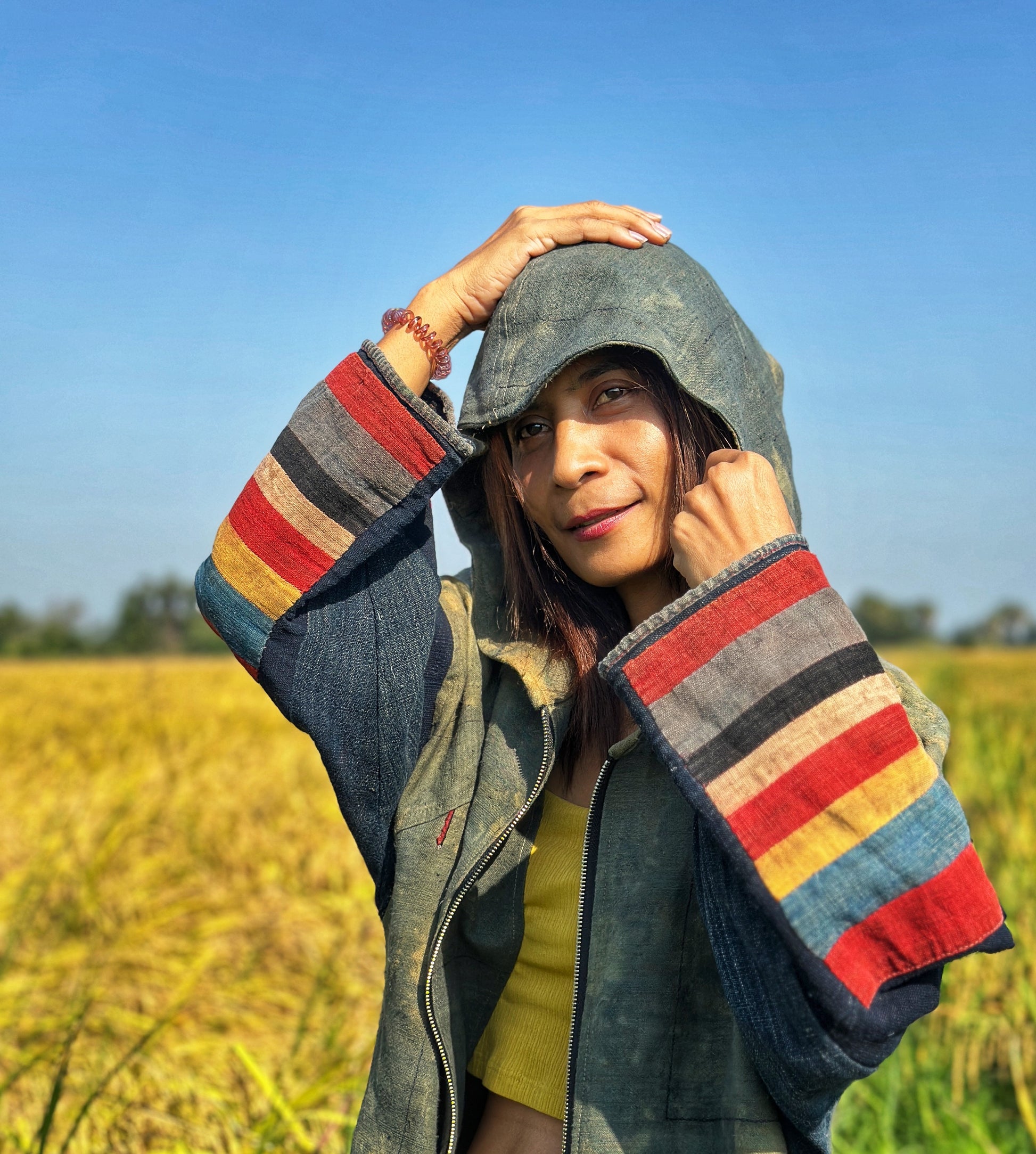 Hemp coat jacket with zipper and hood.  Hill tribe fabric clothing by Nuichan