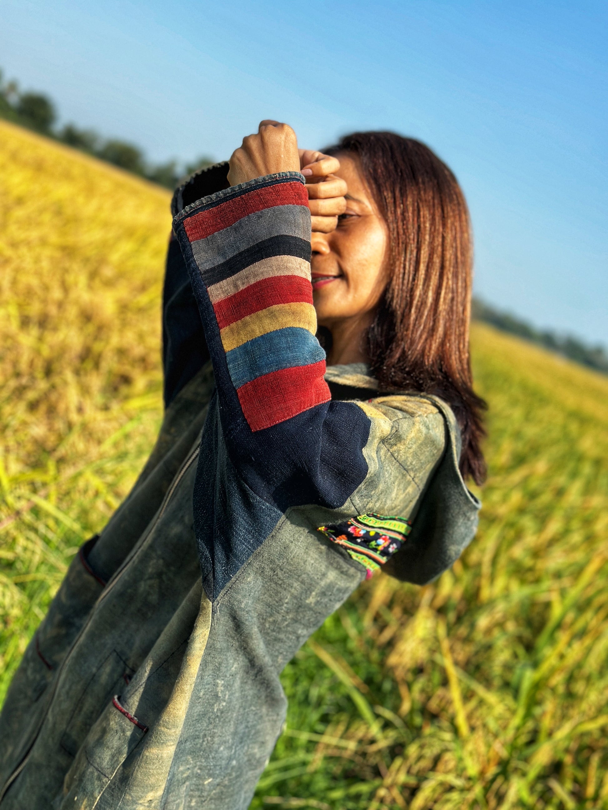 Coat with zipper and pockets.  Hill tribe fabric clothing by Nuichan