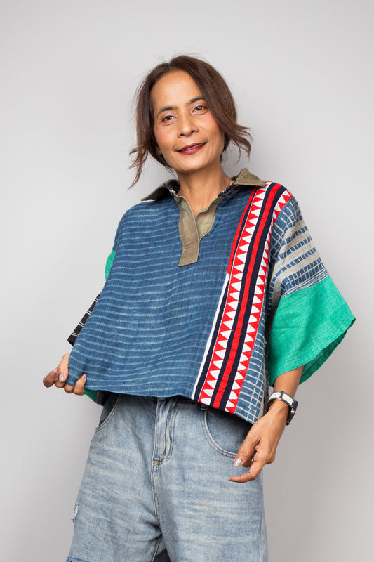 Patchwork polo shirt pullover top made from various handwoven hemp fabrics.
