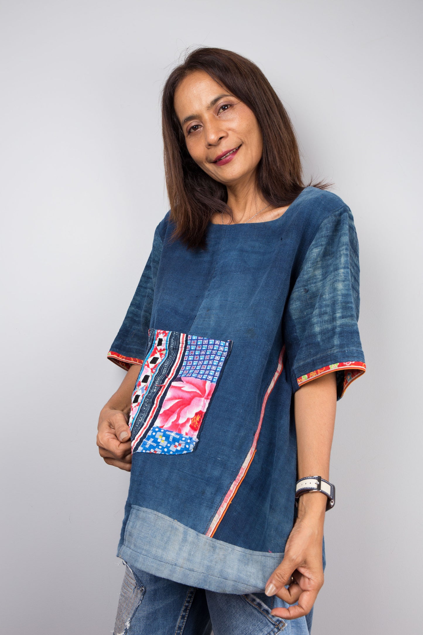 Indigo Hemp Patchwork Tunic Top