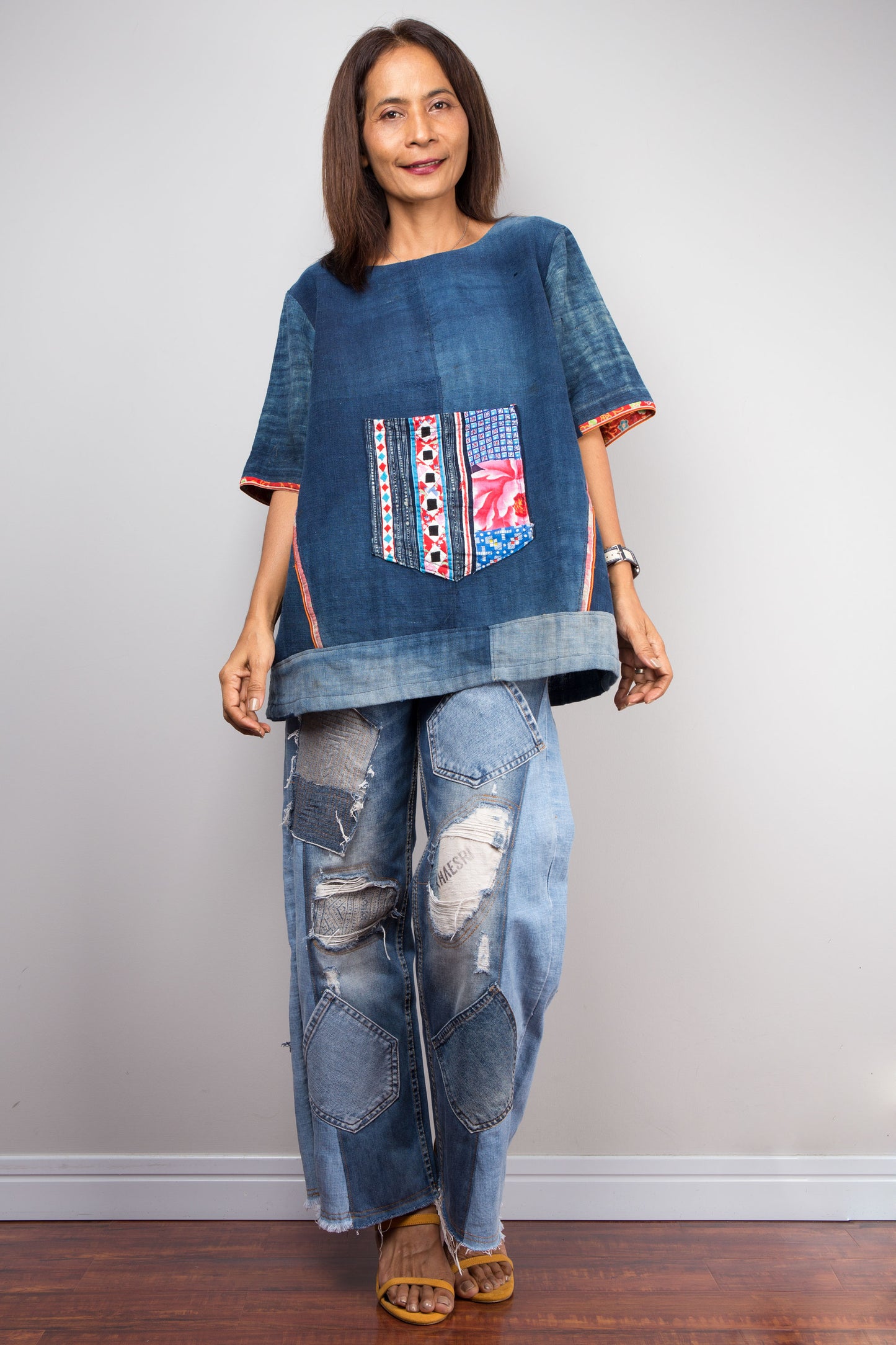 Indigo Hemp Patchwork Tunic Top