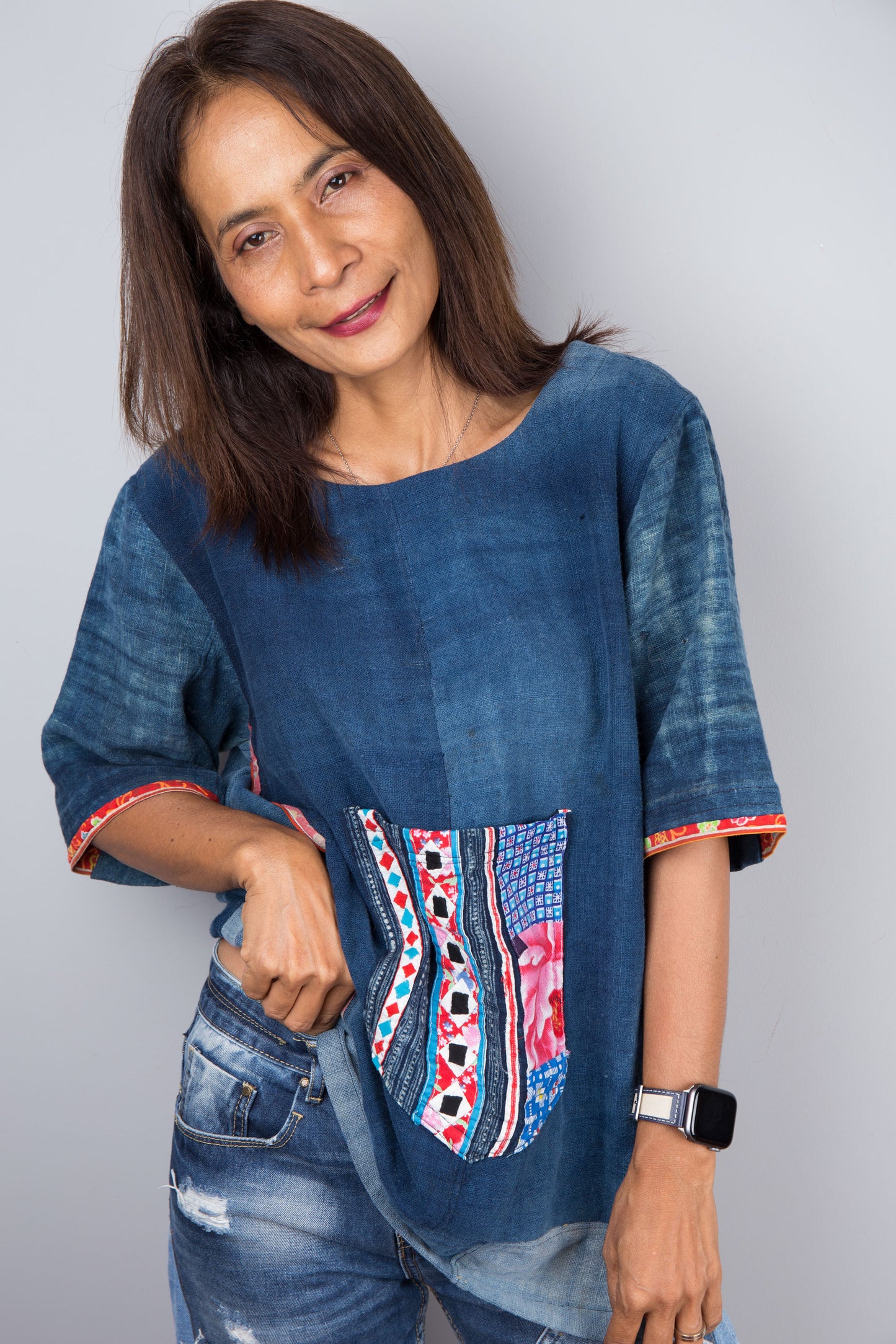 Indigo Hemp Patchwork Tunic Top