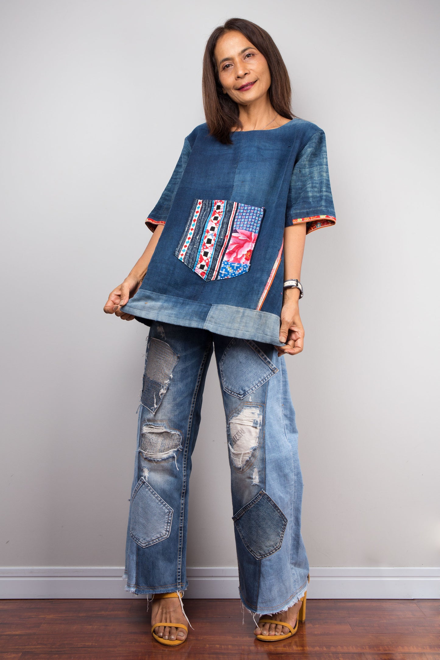 Indigo Hemp Patchwork Tunic Top