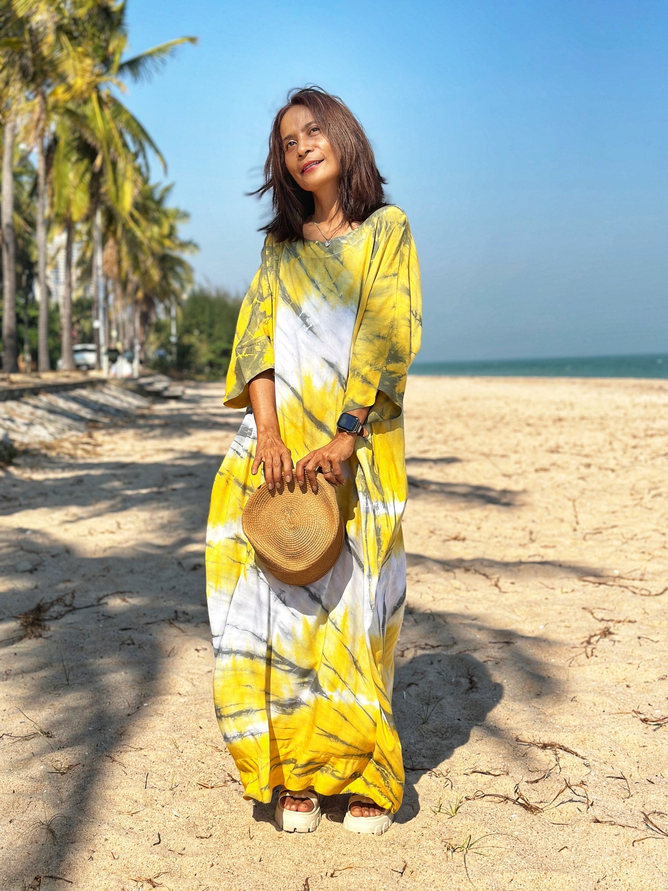 Nuichan Shibori Grey and Yellow Maxi Dress with pockets, handcrafted in Thailand
