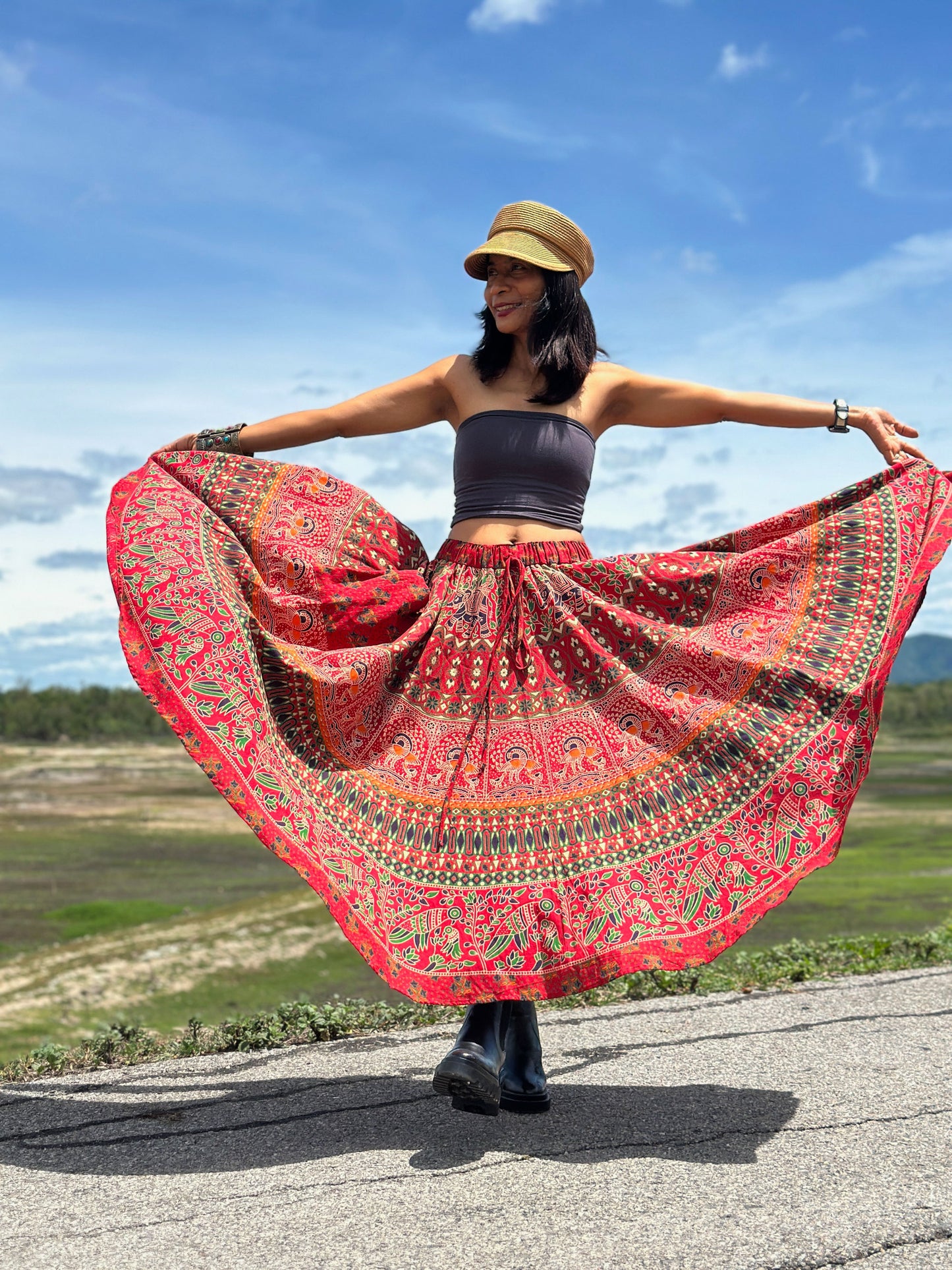 Women’s red mandala cotton maxi skirt, elastic waist, floral design, great for casual or outdoor wear in 2025 fashion. 

