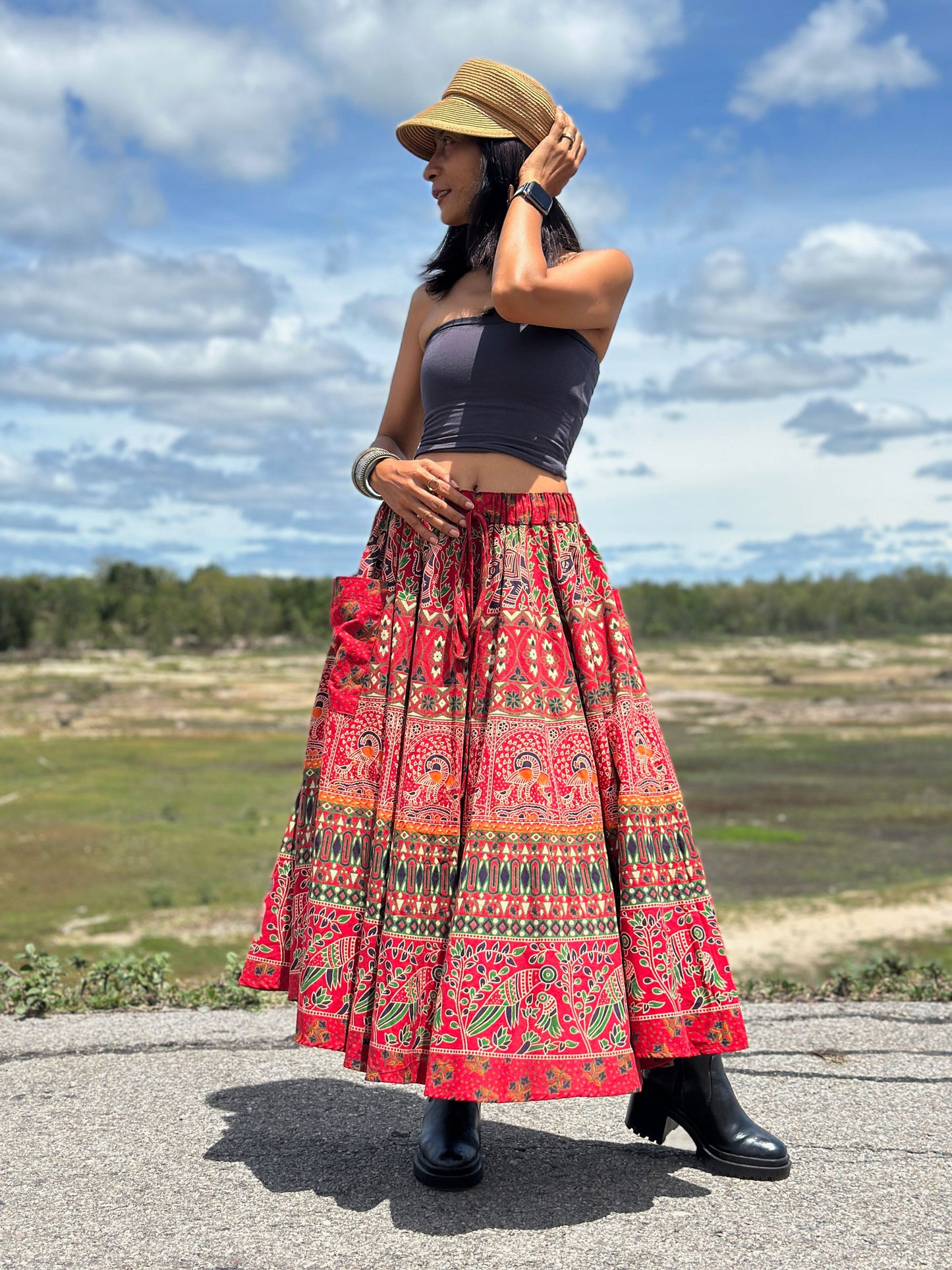 Nuichan vibrant mandala cotton maxi skirt for women, elastic waist, floral design, great for casual or outdoor wear in 2025 fashion. 

