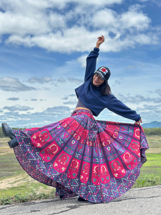  Vibrant mandala maxi skirt in pink and purple, Indian cotton, elastic waist, ideal for women’s boho summer style.  