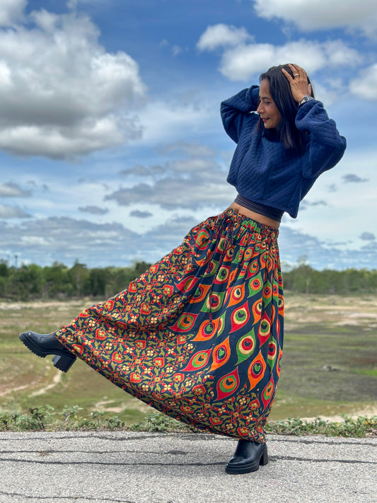 Maxi mandala skirt in blue, orange and red, Indian cotton, elastic waist, ideal for women’s boho summer style.  

