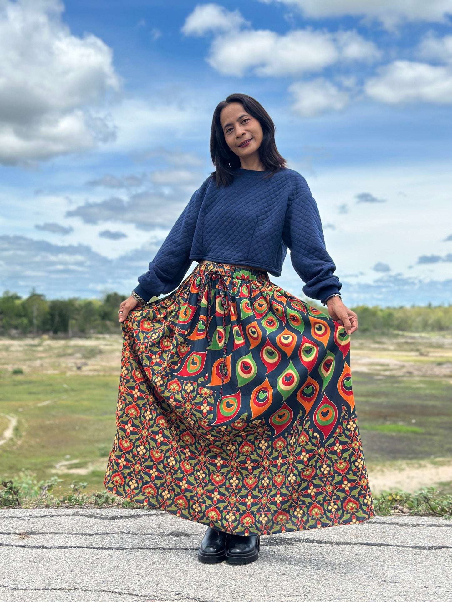 Women’s mandala cotton maxi skirt, elastic waist, floral design, great for casual or outdoor wear in 2025 fashion. 

