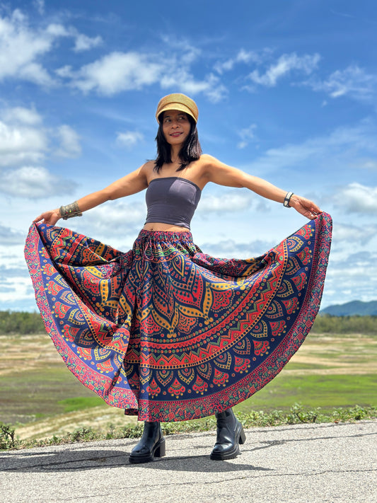 Vibrant mandala maxi skirt in blue,red, orange and yellow, Indian cotton, elastic waist, ideal for women’s boho summer style. 

