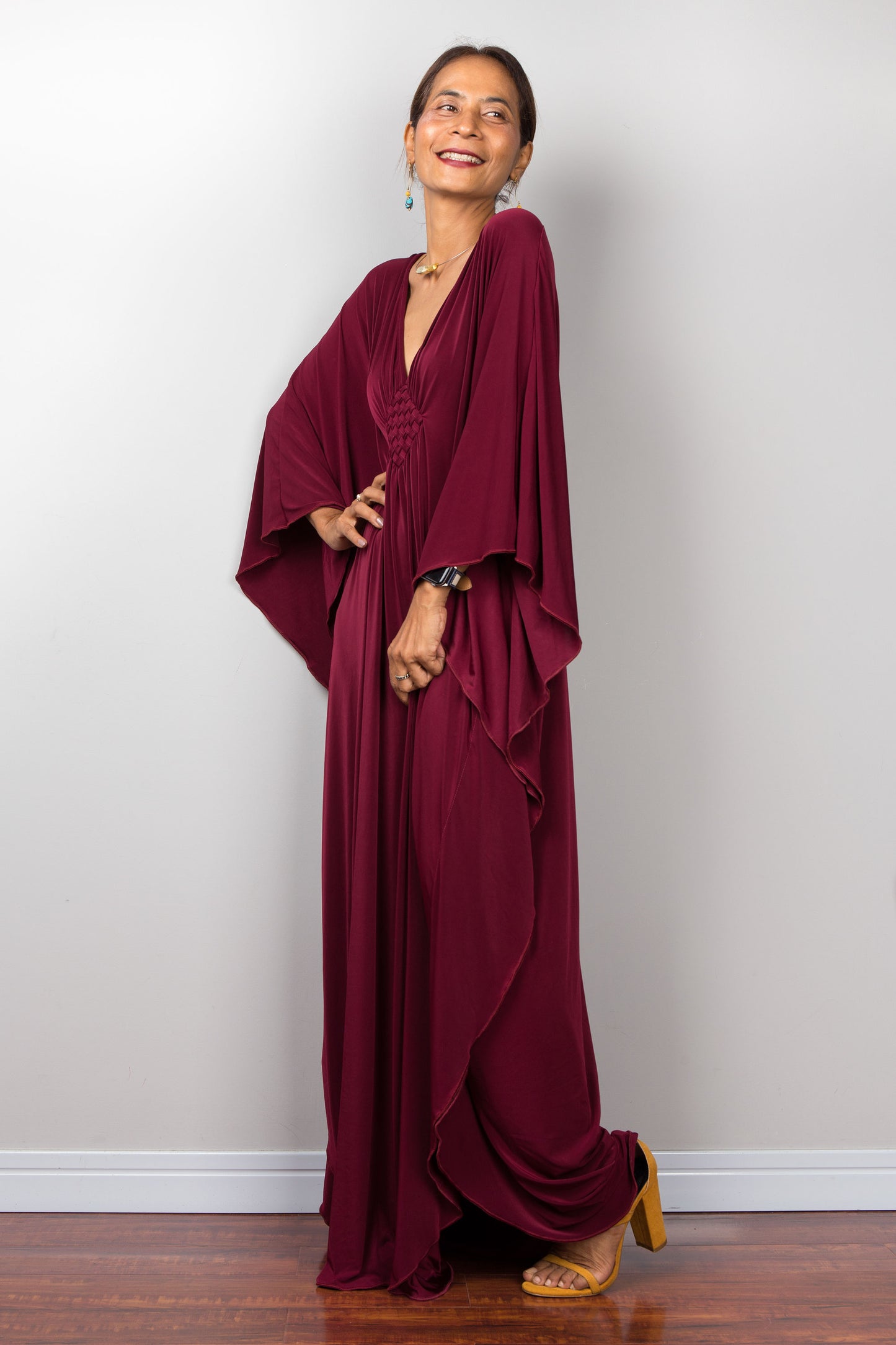 Maroon maxi dress, burgundy kaftan dress - side view