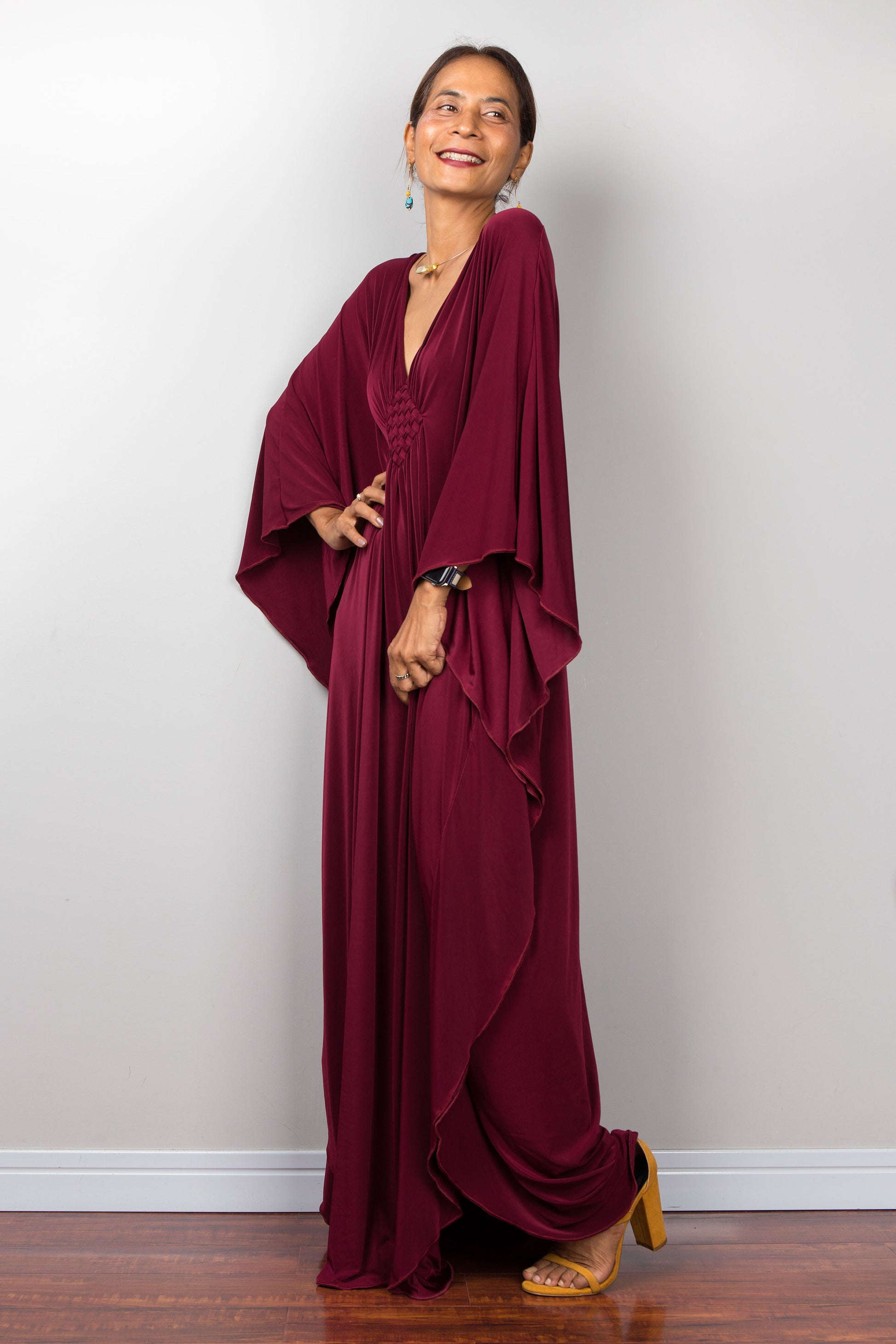 Maroon maxi dress, burgundy kaftan dress - side view
