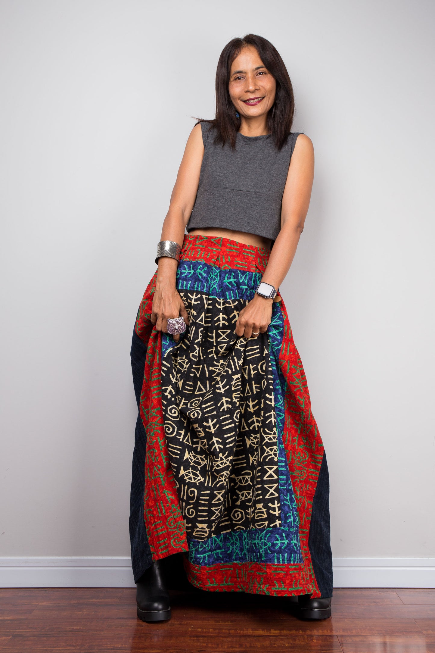 Vibrant Red and Navy Patchwork Skirt with Hill Tribe Symbols - Bohemian Cotton Skirt with Side Pocket, Zip, and Elastic Waist for a Perfect Fit