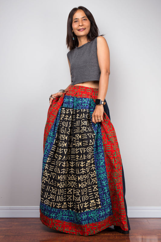 Nuichan Patchwork Cotton Skirt with Navy Pinstripe and Red Geometric Patterns - Cotton and Vintage Fabric, Side Pocket, Left Zip, Elastic Back