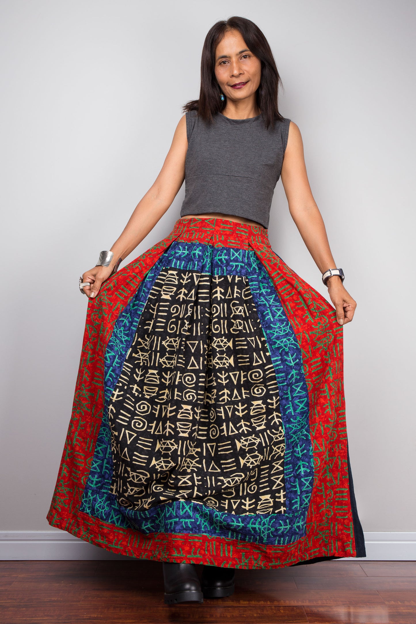 Long Flowing Patchwork Skirt in Navy and Red with Hill Tribe Symbols - Handmade Cotton Boho Skirt with Side Pocket and Elastic Waist