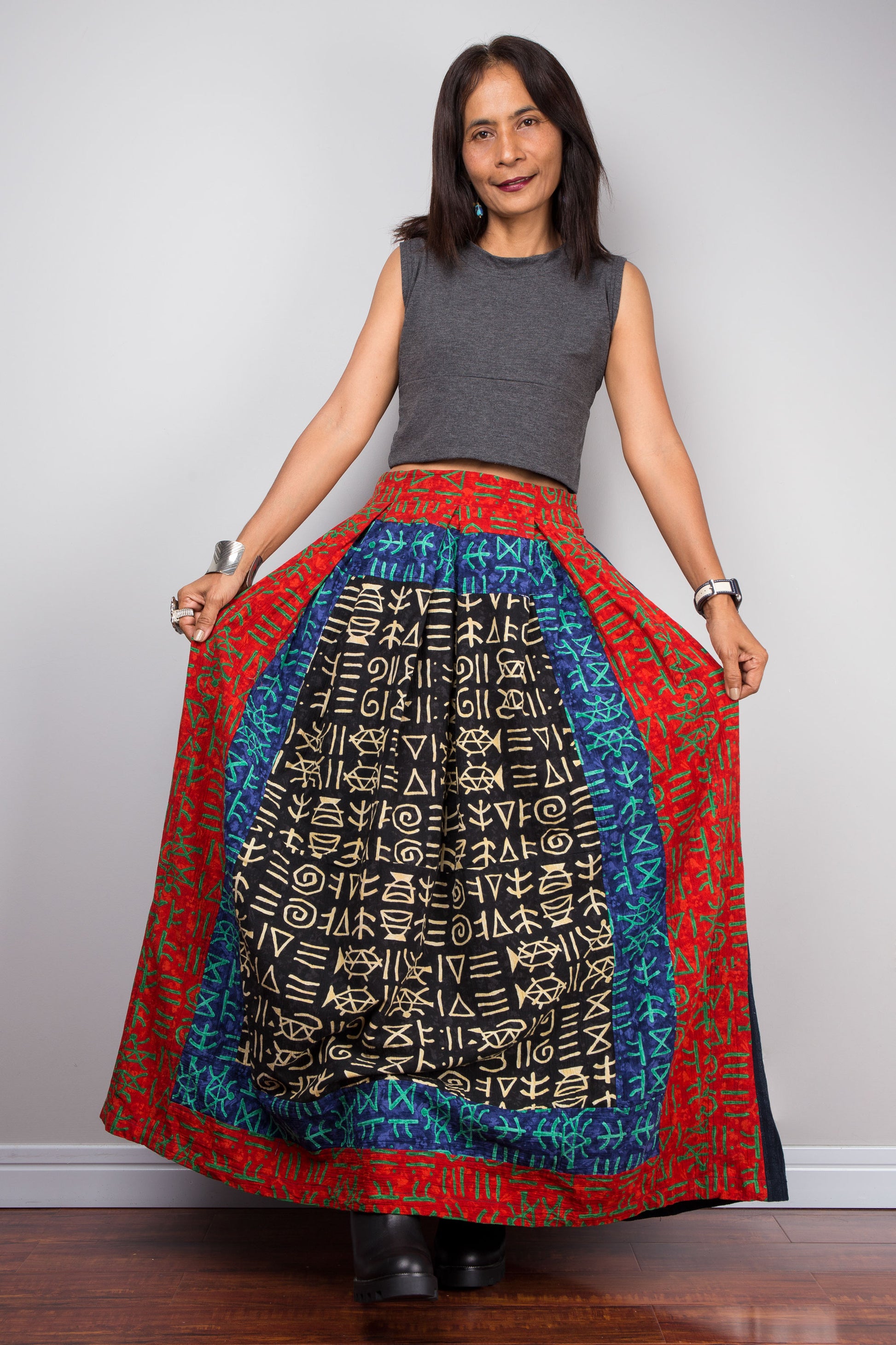 Long Flowing Patchwork Skirt in Navy and Red with Hill Tribe Symbols - Handmade Cotton Boho Skirt with Side Pocket and Elastic Waist