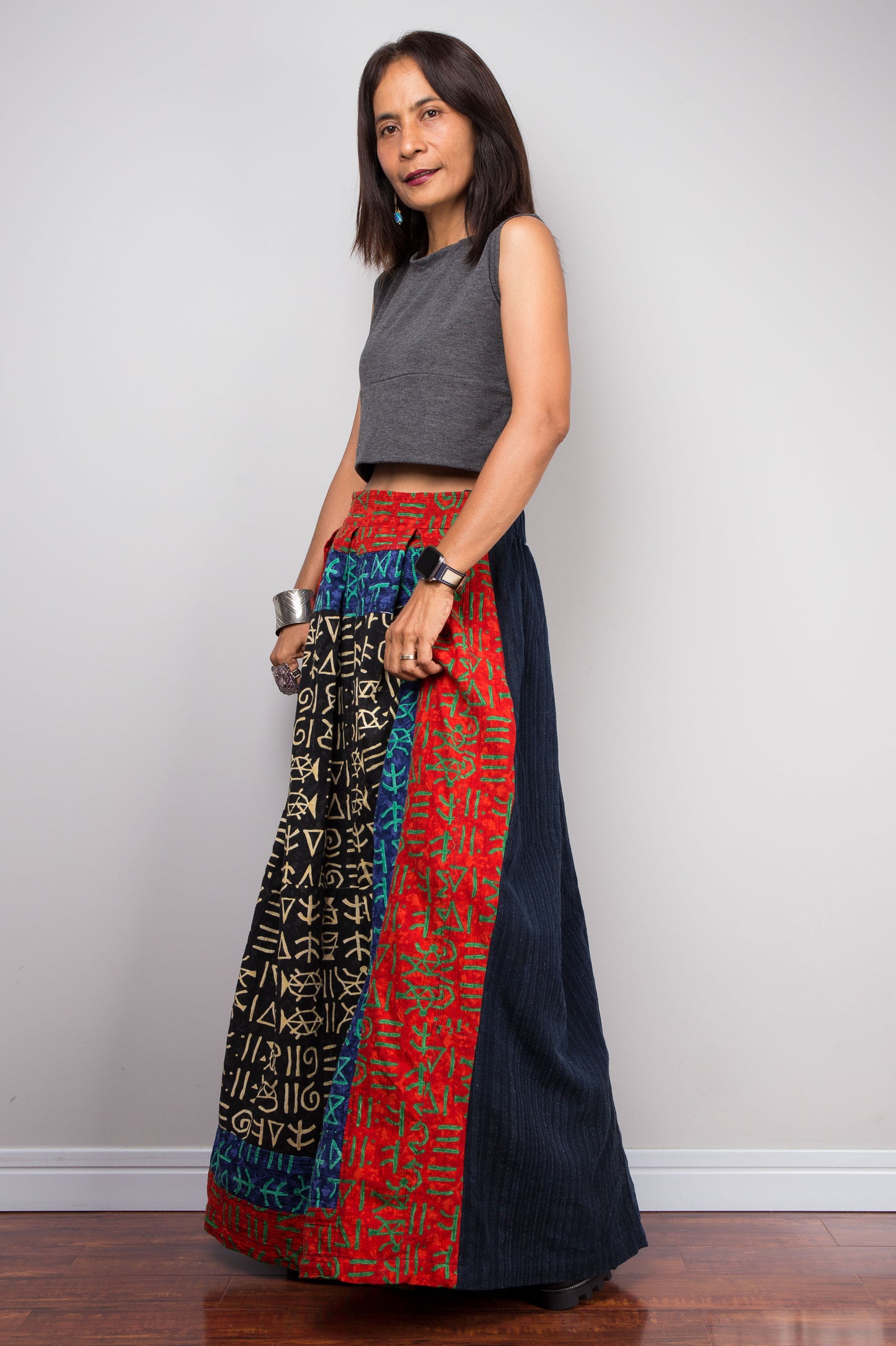 Long Patchwork Hill Tribe Skirt in Navy and Red - Cotton Boho Skirt with Cultural Geometric Designs, Side Pocket, and Easy Zip Closure