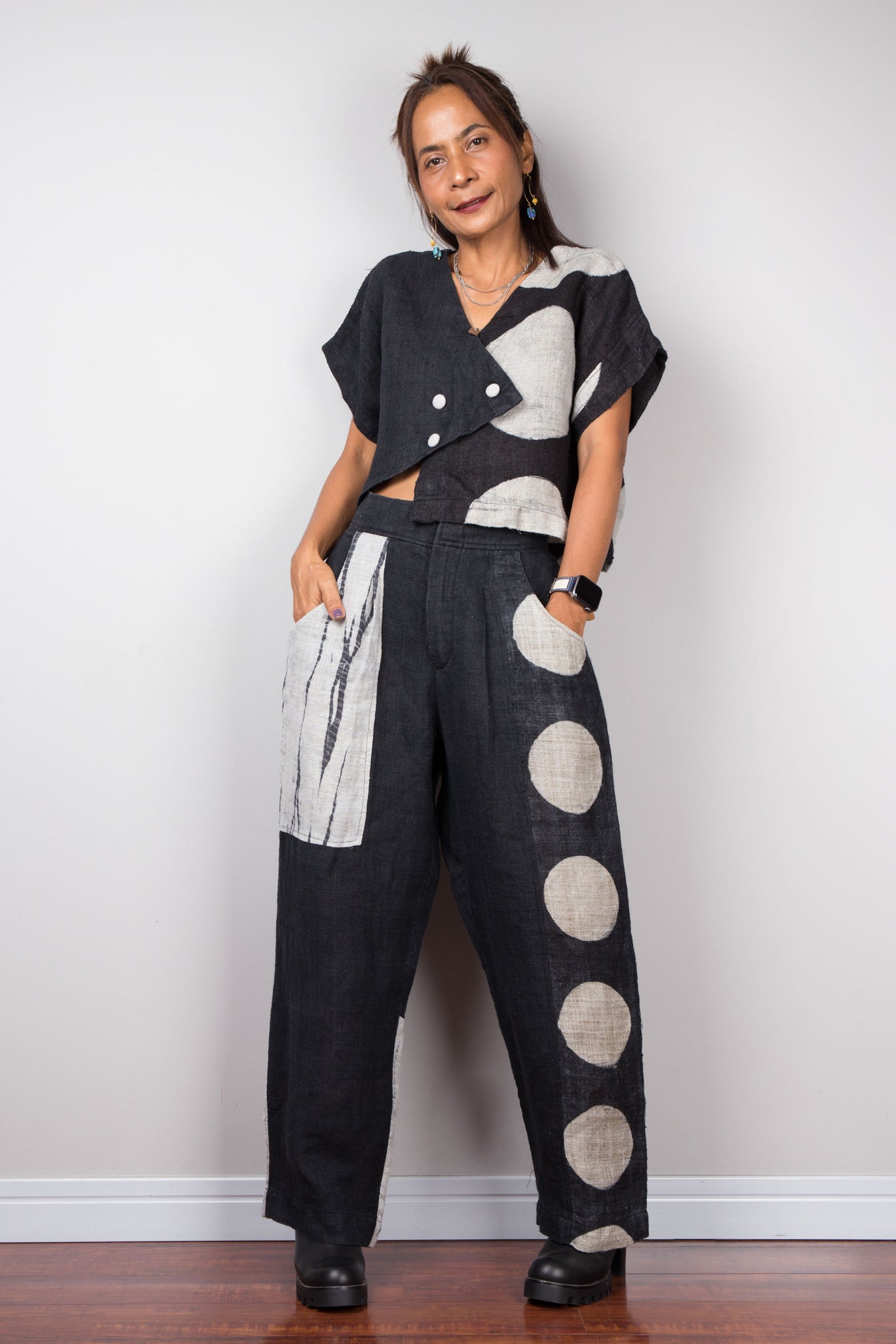 Handwoven Hemp Patchwork Shibori Matching Set in black and beige, boho style.