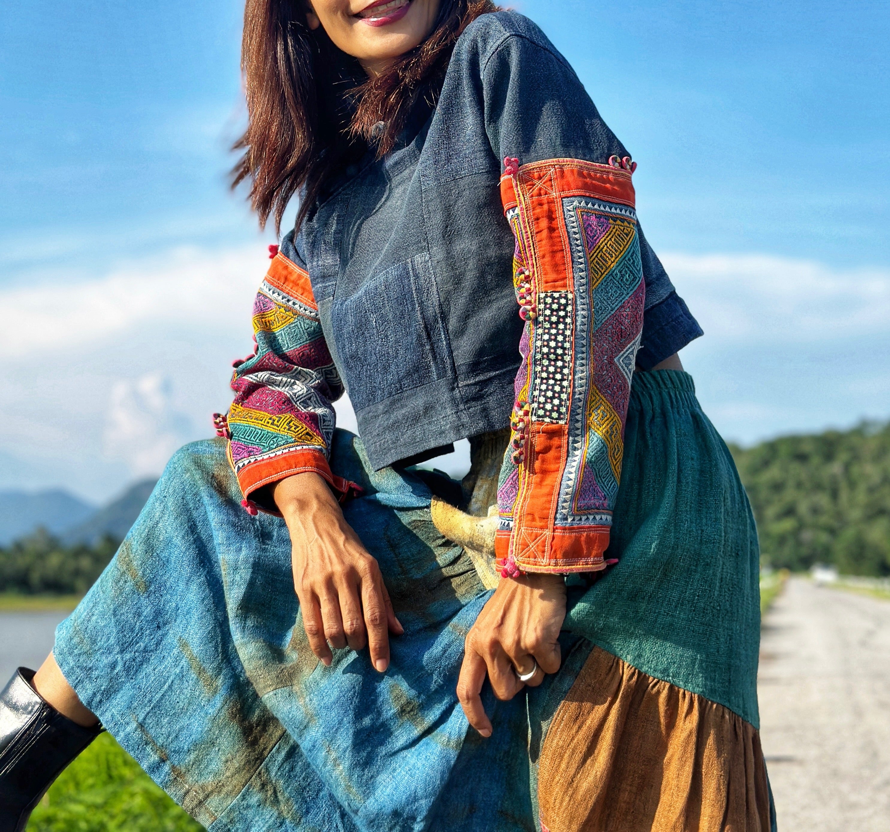 Patchwork skirt made from upcycled vintage hill tribe fabric. Hemp skirt by Nuichan