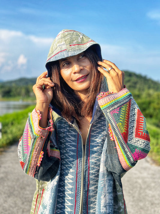 Patchwork hooded jacket with embroidery on the sleeves.  Handwoven hemp jacket with batik tie dye