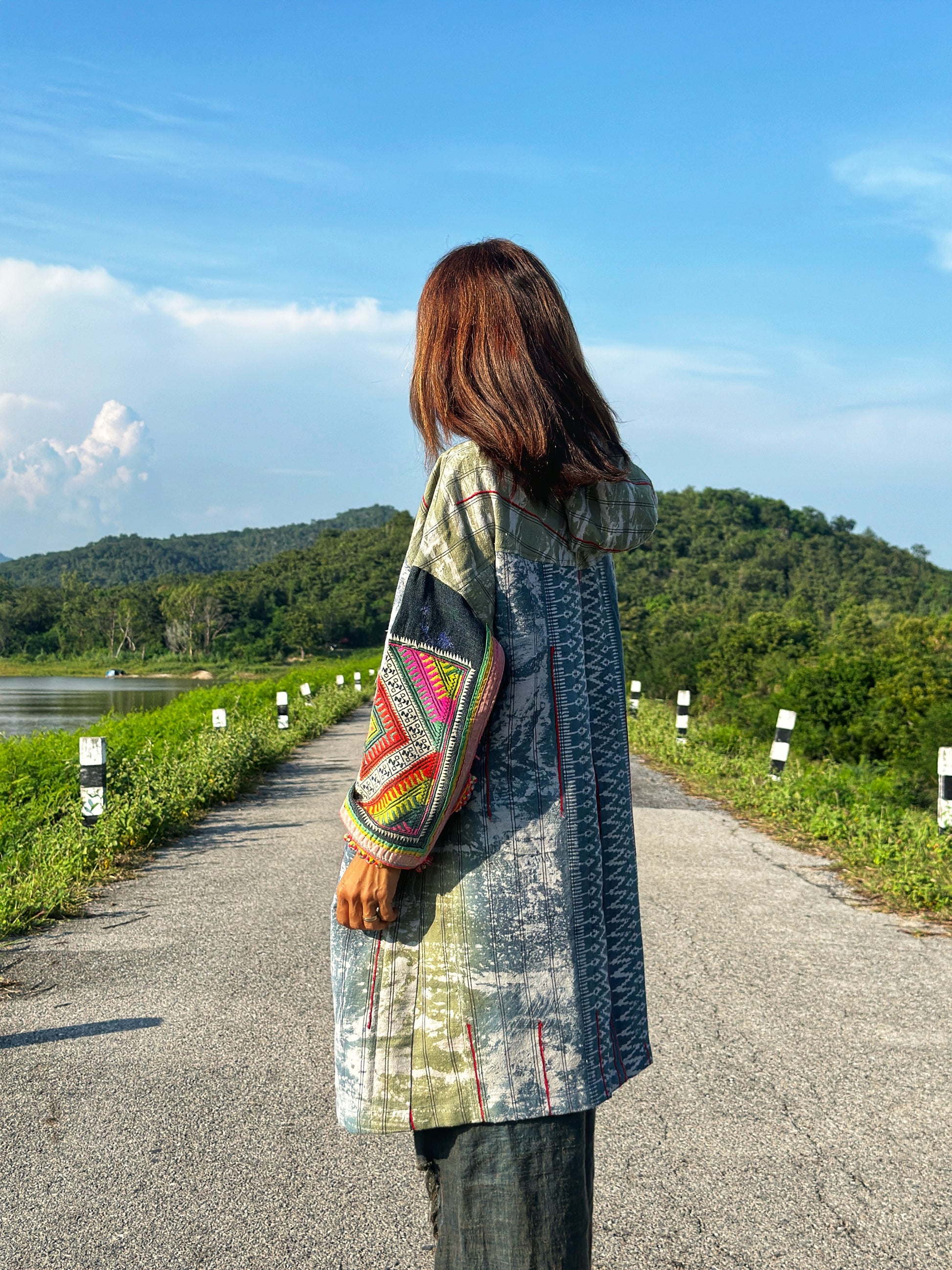 Patchwork hooded jacket with embroidery on the sleeves.  Hill tribe hemp jacket with batik tie dye by Nuichan
