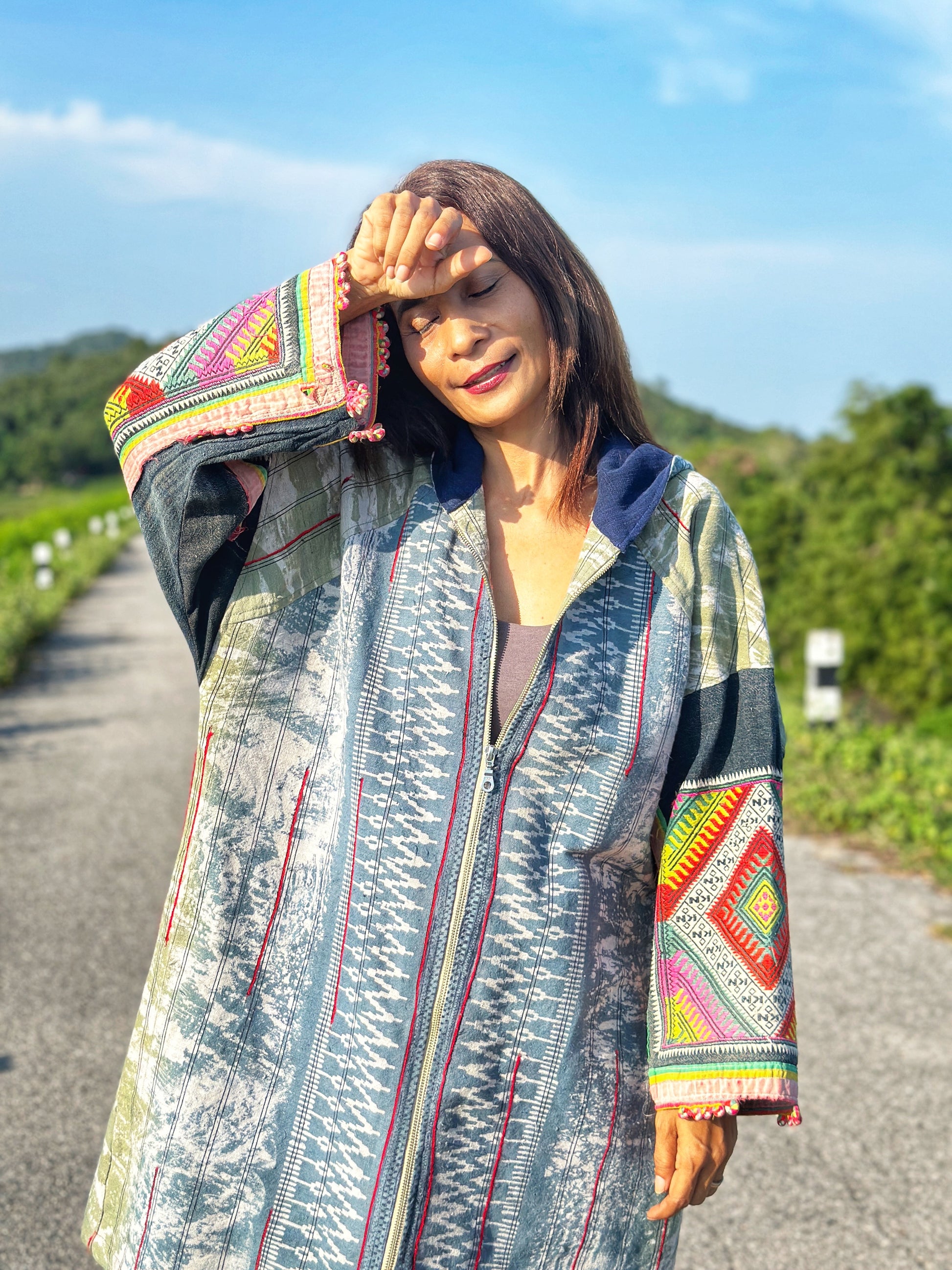 Nuichan Patchwork hooded jacket with embroidery on the sleeves.  Handwoven hemp jacket with batik tie dye
