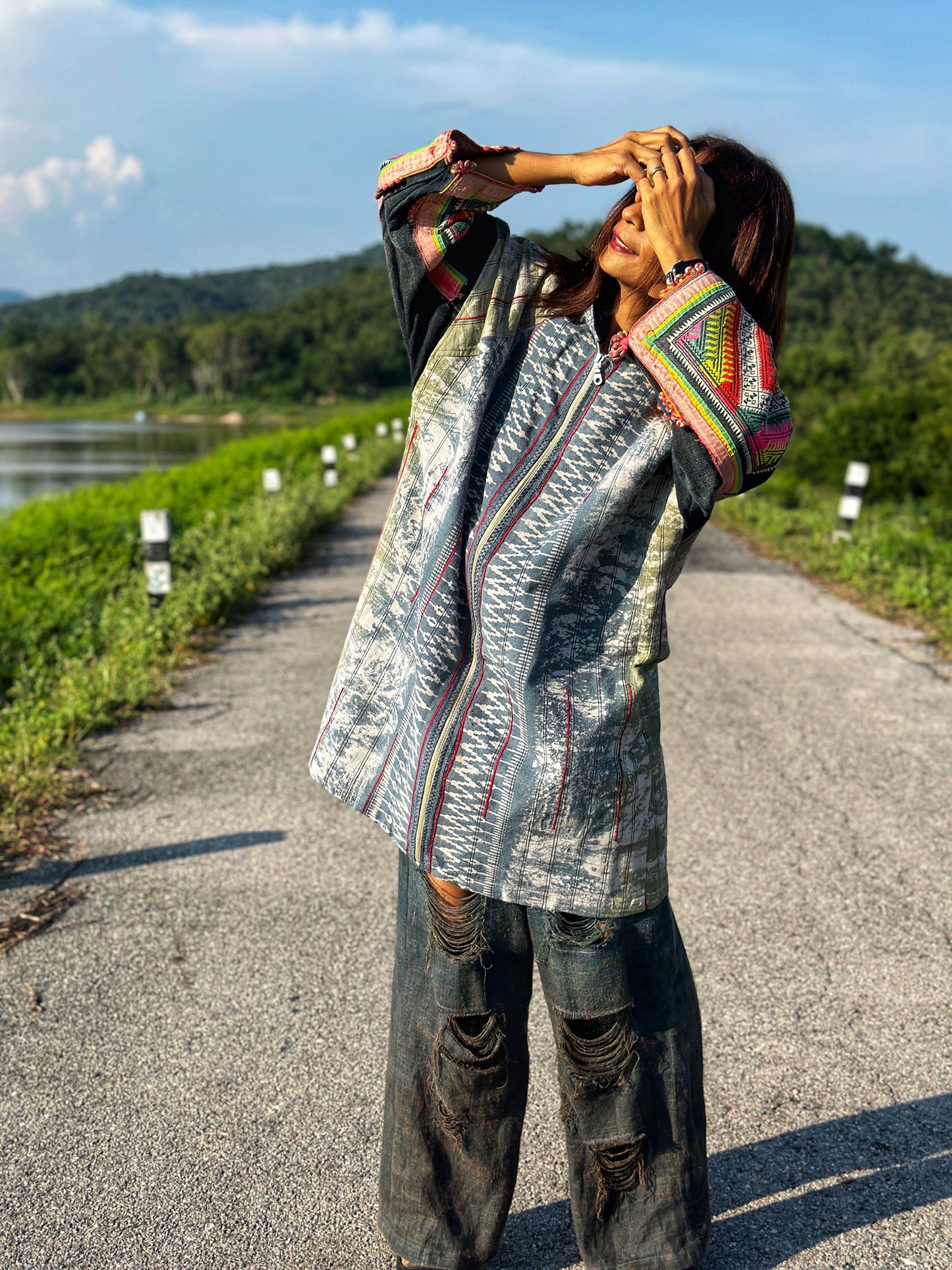 Patchwork hooded jacket with embroidery on the sleeves.  Nuichan Handwoven hemp jacket with batik tie dye
