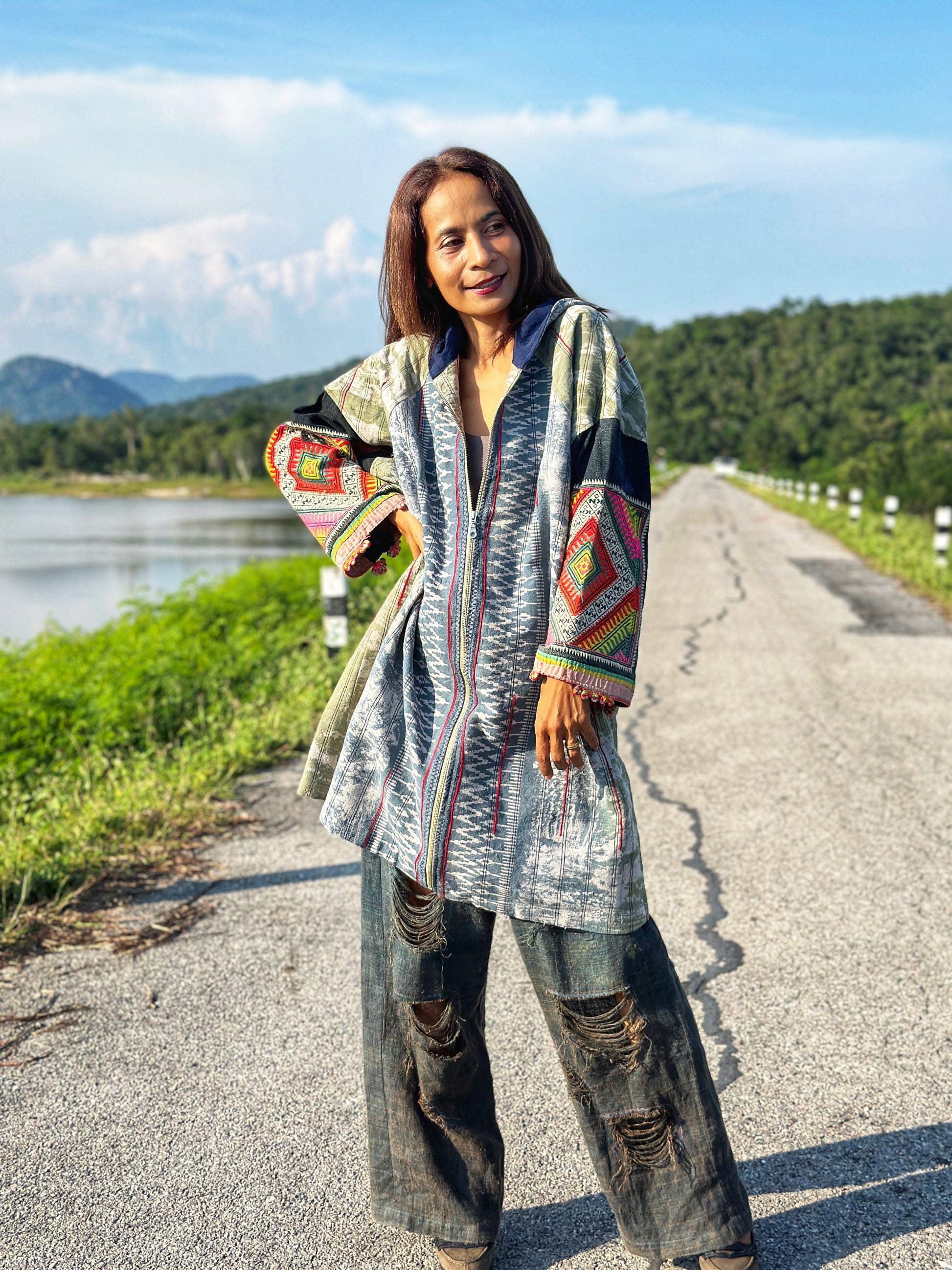 Patchwork hooded jacket with embroidery on the sleeves.  Handwoven hemp jacket with batik tie dye by Nuichan
