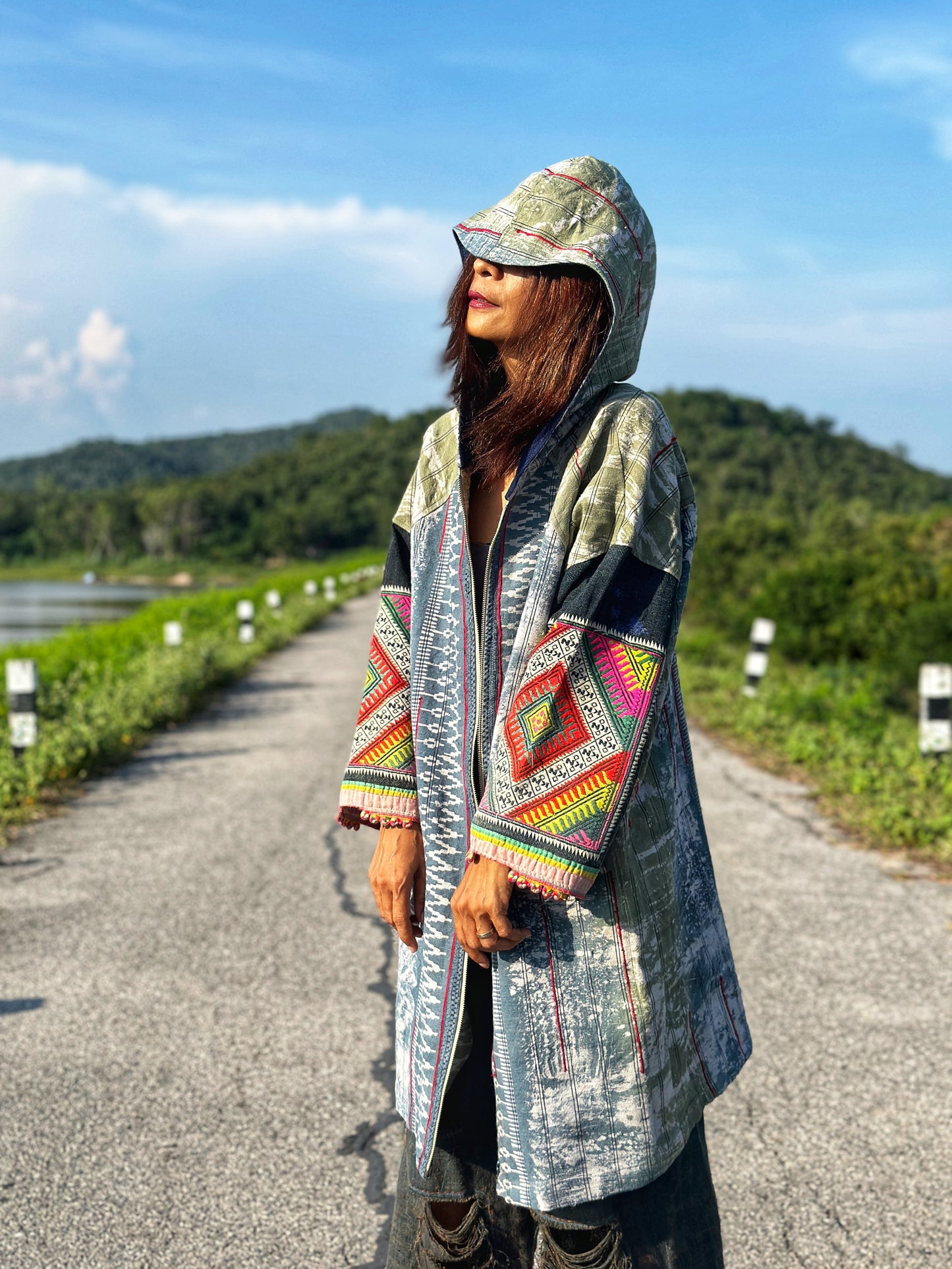 Patchwork hooded coat with embroidery on the sleeves.  Handwoven hemp jacket with batik tie dye
