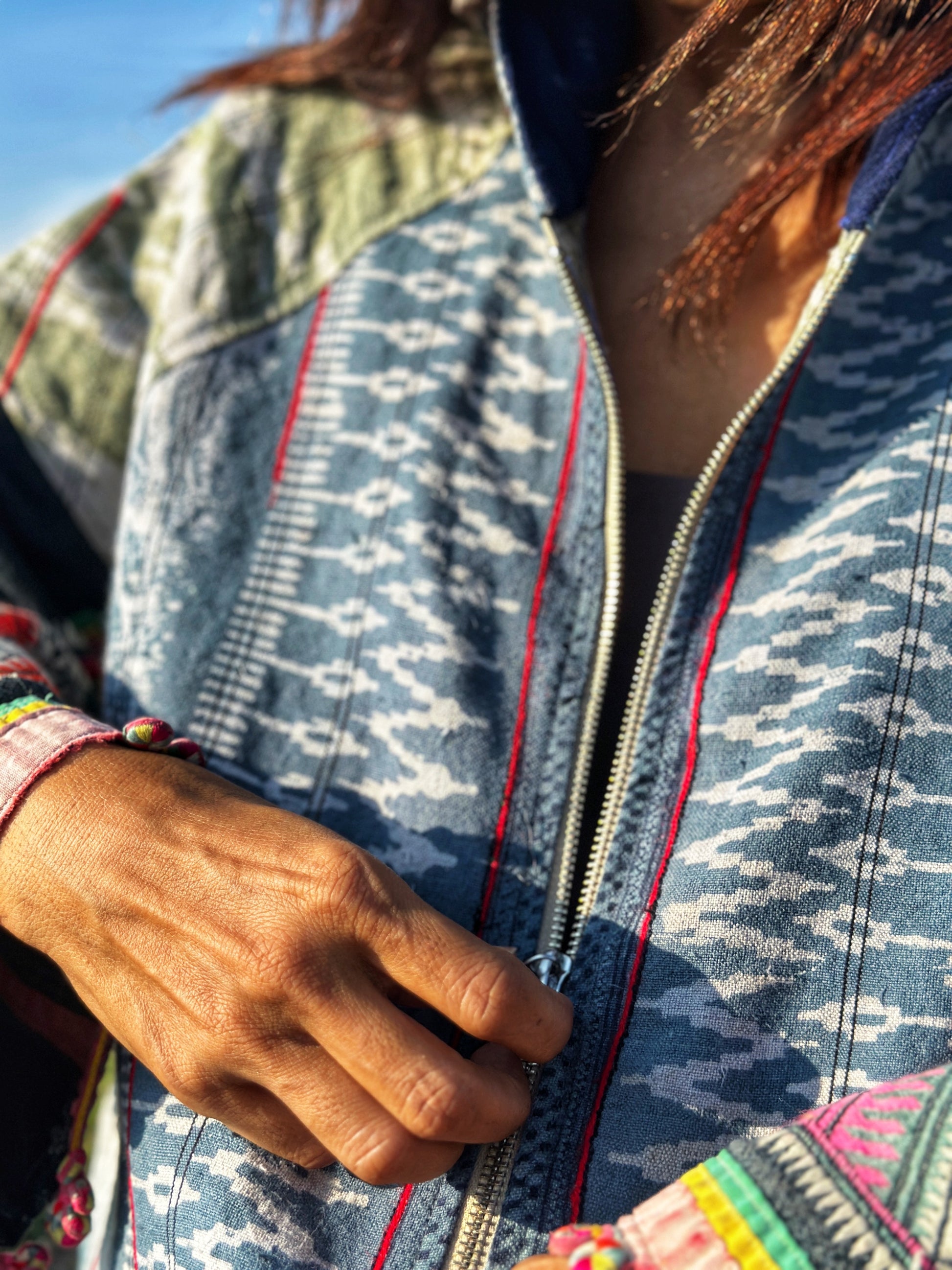 Patchwork hooded coat with embroidery on the sleeves.  Handwoven hemp jacket with batik tie dye by Nuichan
